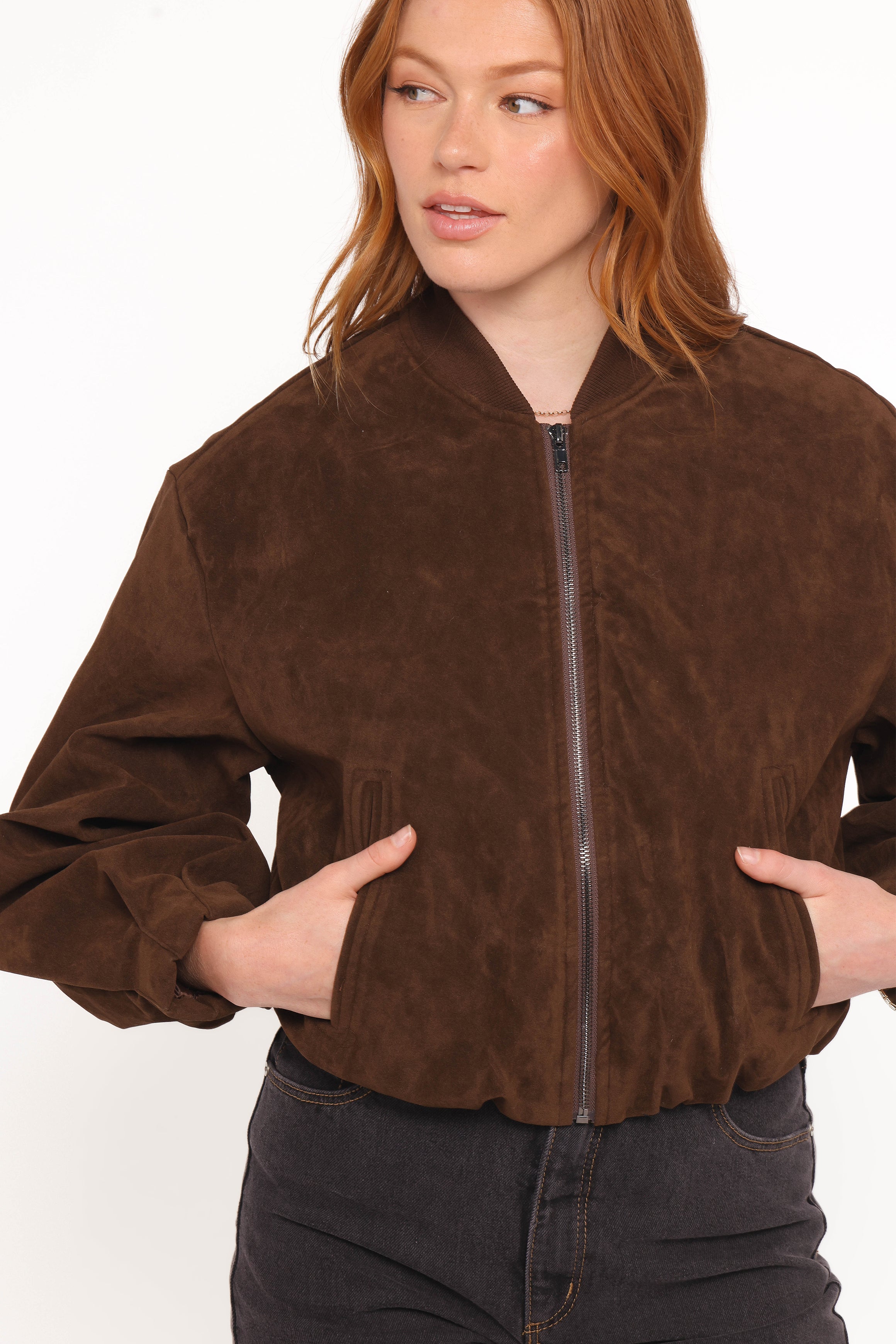 Petal and Pup USA OUTERWEAR Goldie Faux Suede Bomber Jacket - Brown