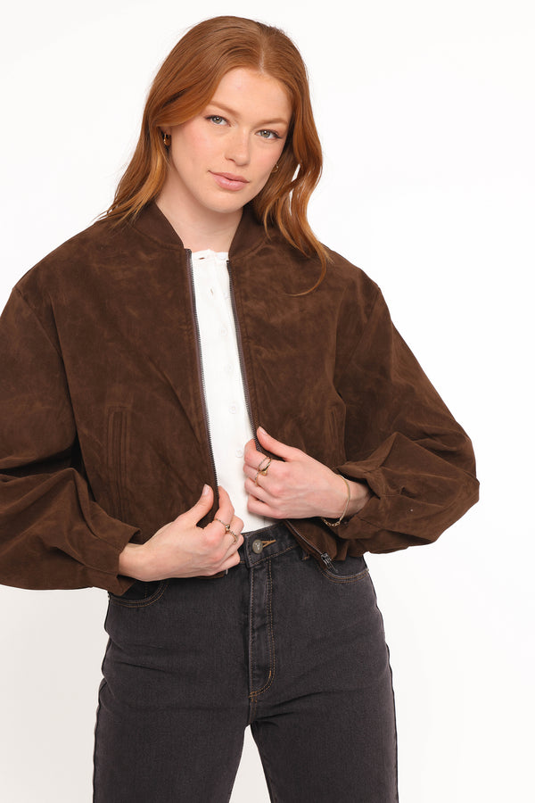 Petal and Pup USA OUTERWEAR Goldie Faux Suede Bomber Jacket - Brown