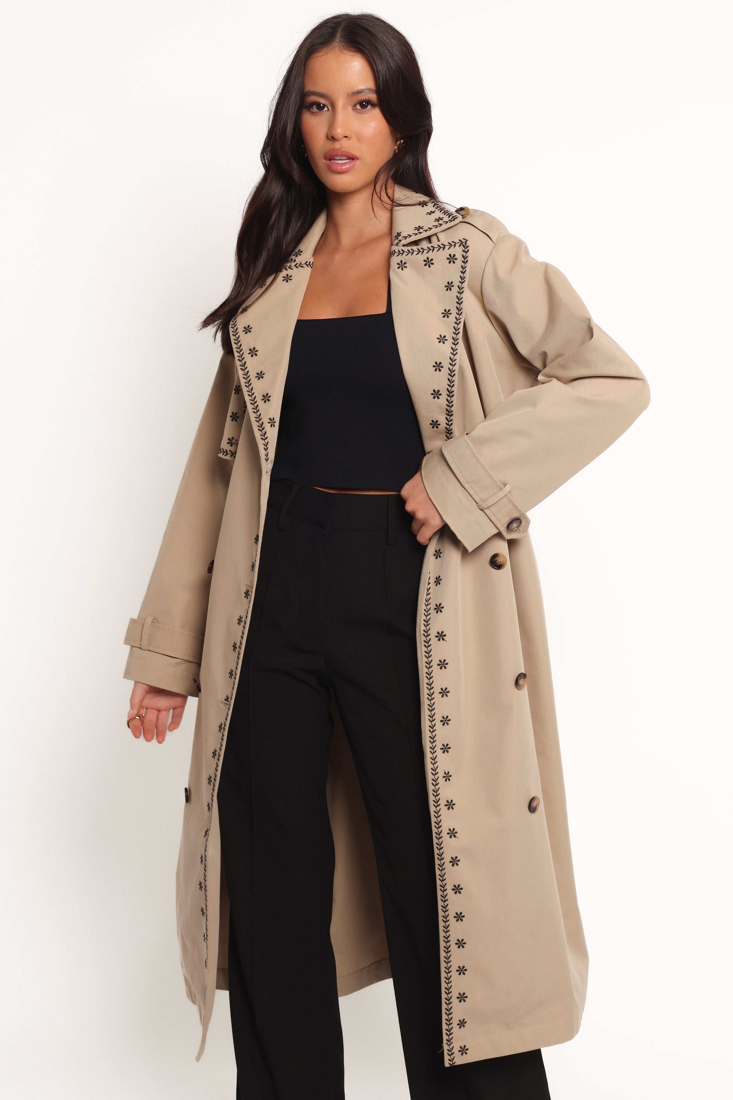 Petal and Pup USA OUTERWEAR Grayson Embroidered Trim Trench Coat - Taupe (Hold for Rack)