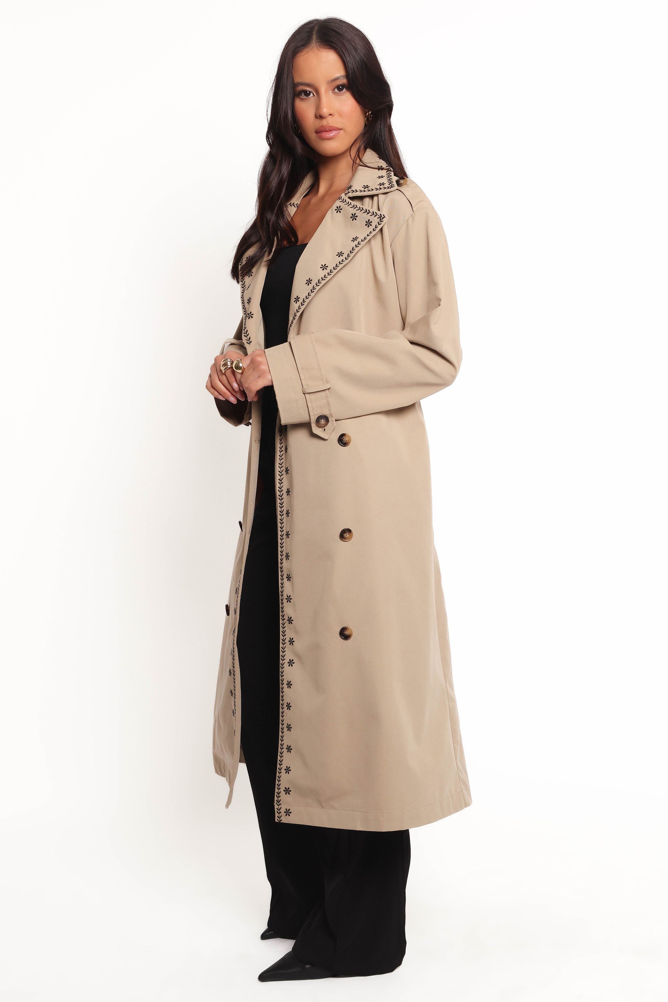 Grayson Embroidered Trim Trench Coat - Taupe | Petal & Pup USA