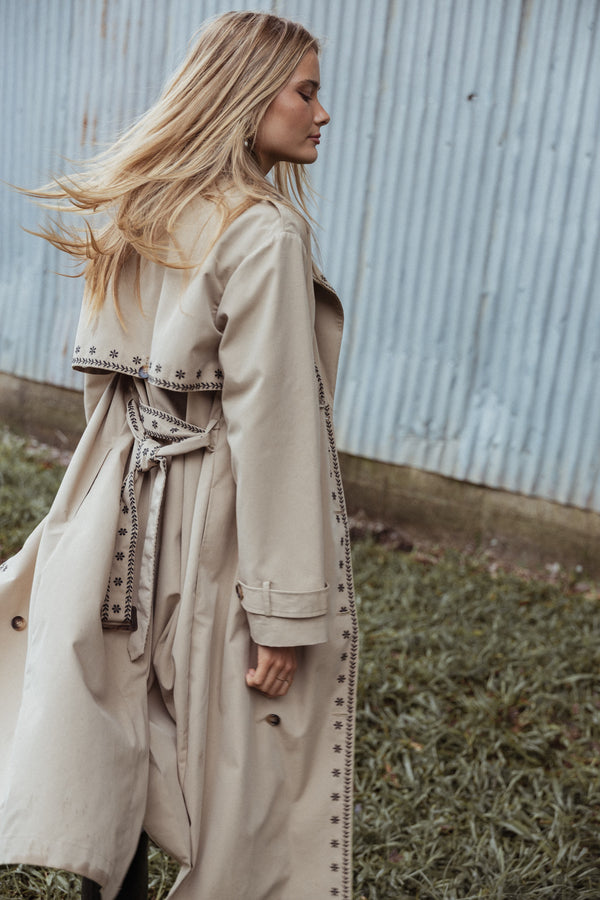 Petal and Pup USA OUTERWEAR Grayson Embroidered Trim Trench Coat - Taupe (Hold for Rack)
