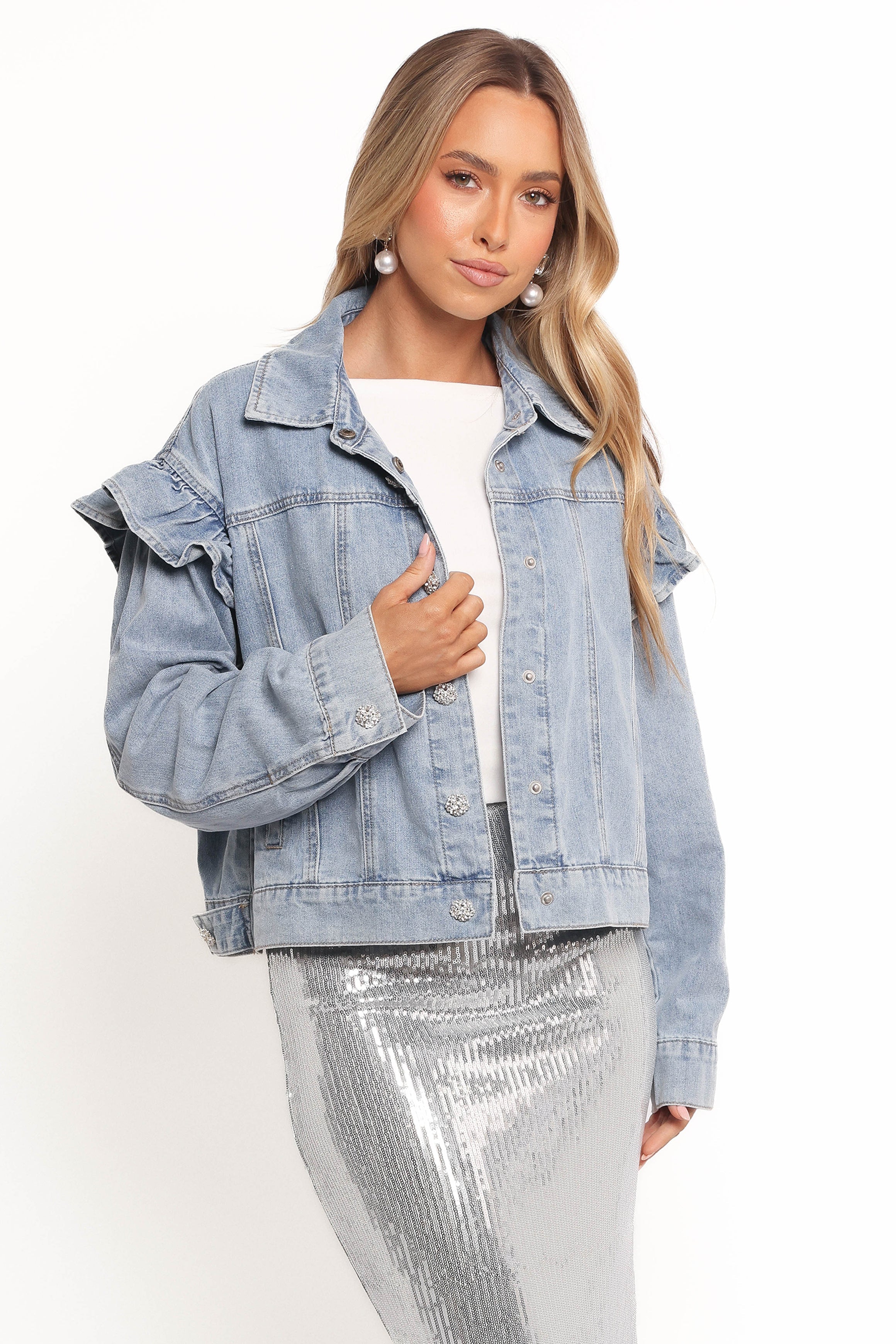 Petal and Pup USA OUTERWEAR Hadley Ruffle Sleeve Denim Jacket - Mid Denim