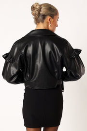 Petal and Pup USA OUTERWEAR Hanna Ruffle Sleeve Faux Leather Jacket - Black