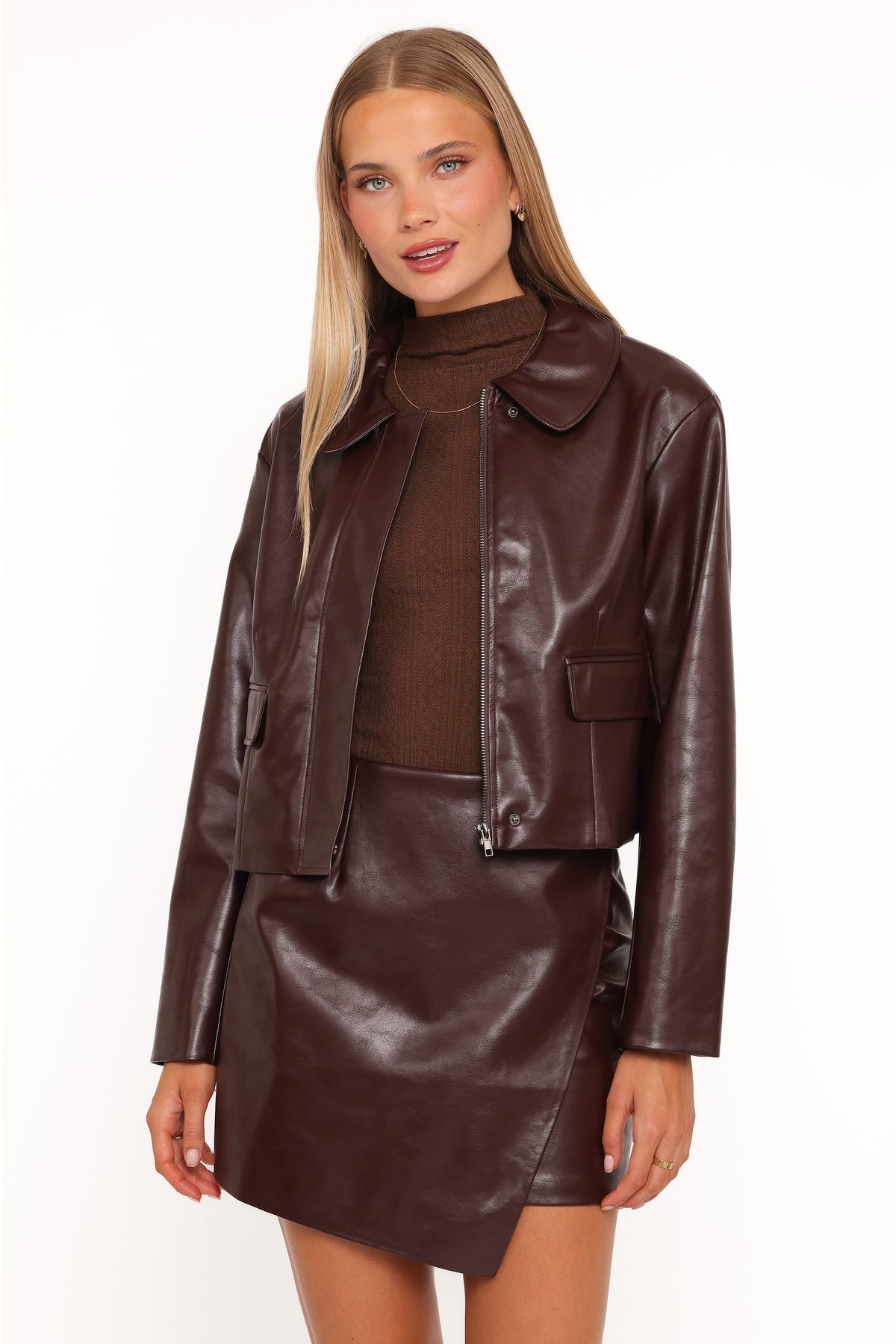 Petal and Pup USA OUTERWEAR Haylie Crop Faux Leather Jacket - Burgundy