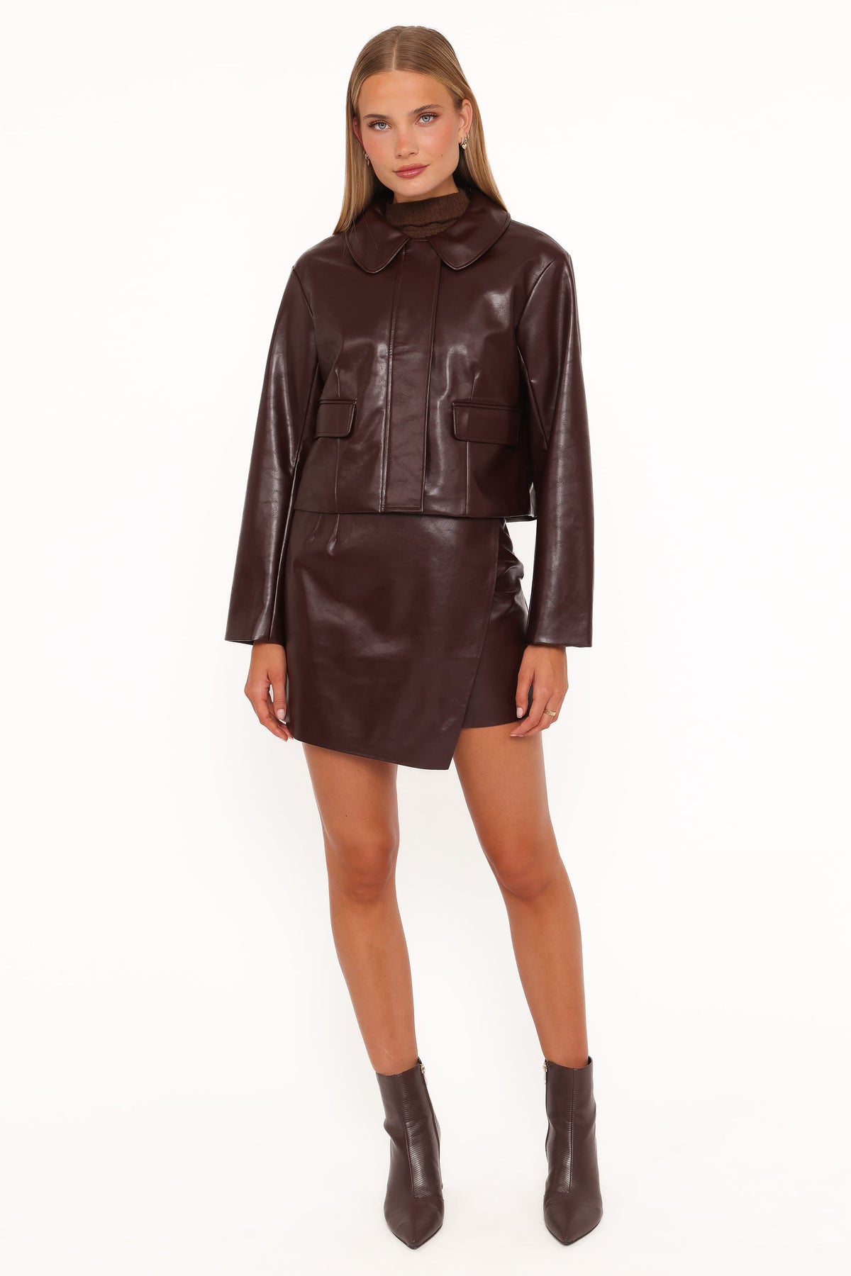 Petal and Pup USA OUTERWEAR Haylie Crop Faux Leather Jacket - Burgundy