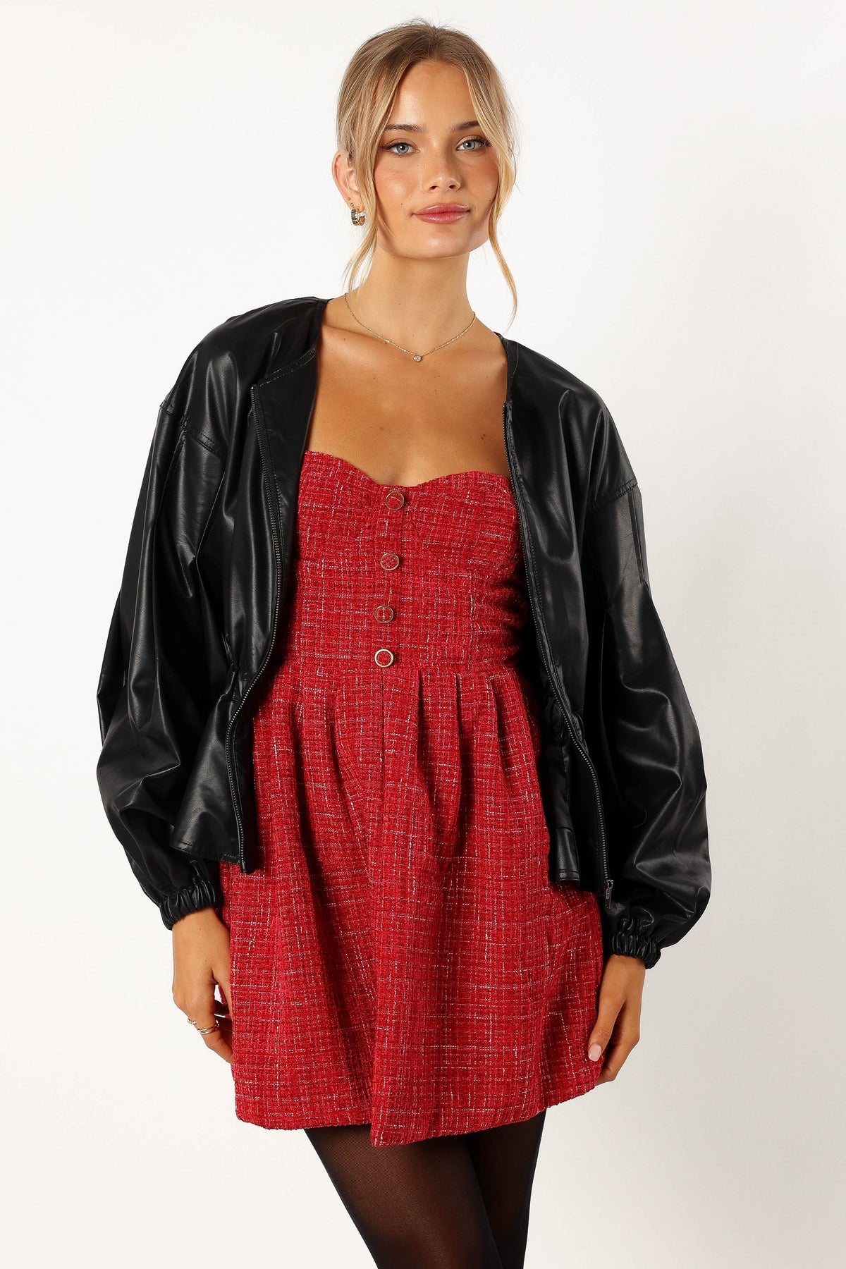 red dress with black jacket Ivanna Faux Leather Puff Sleeve Jacket - Black