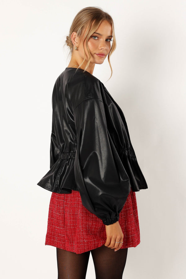 Petal and Pup USA OUTERWEAR Ivanna Faux Leather Puff Sleeve Jacket - Black