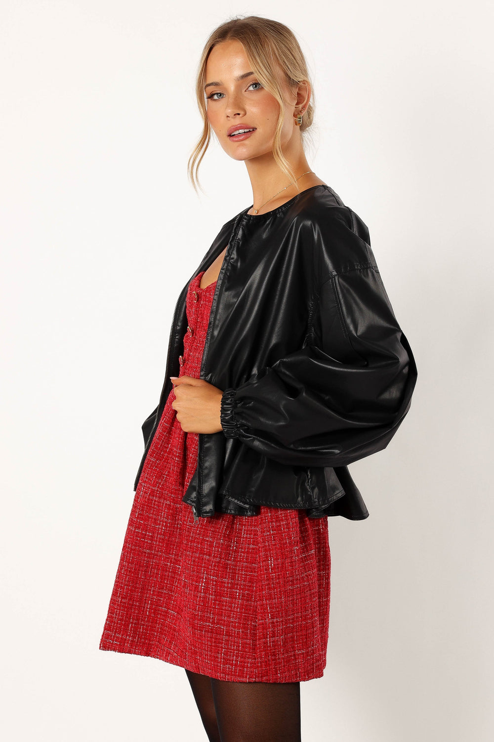 Petal and Pup USA OUTERWEAR Ivanna Faux Leather Puff Sleeve Jacket - Black