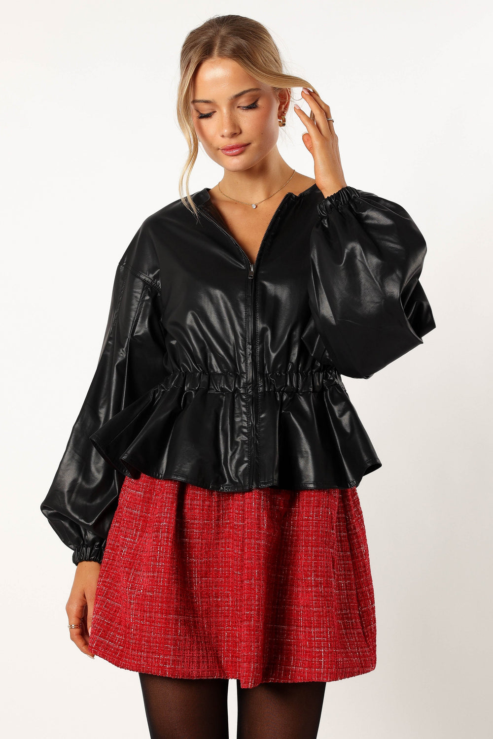 Petal and Pup USA OUTERWEAR Ivanna Faux Leather Puff Sleeve Jacket - Black