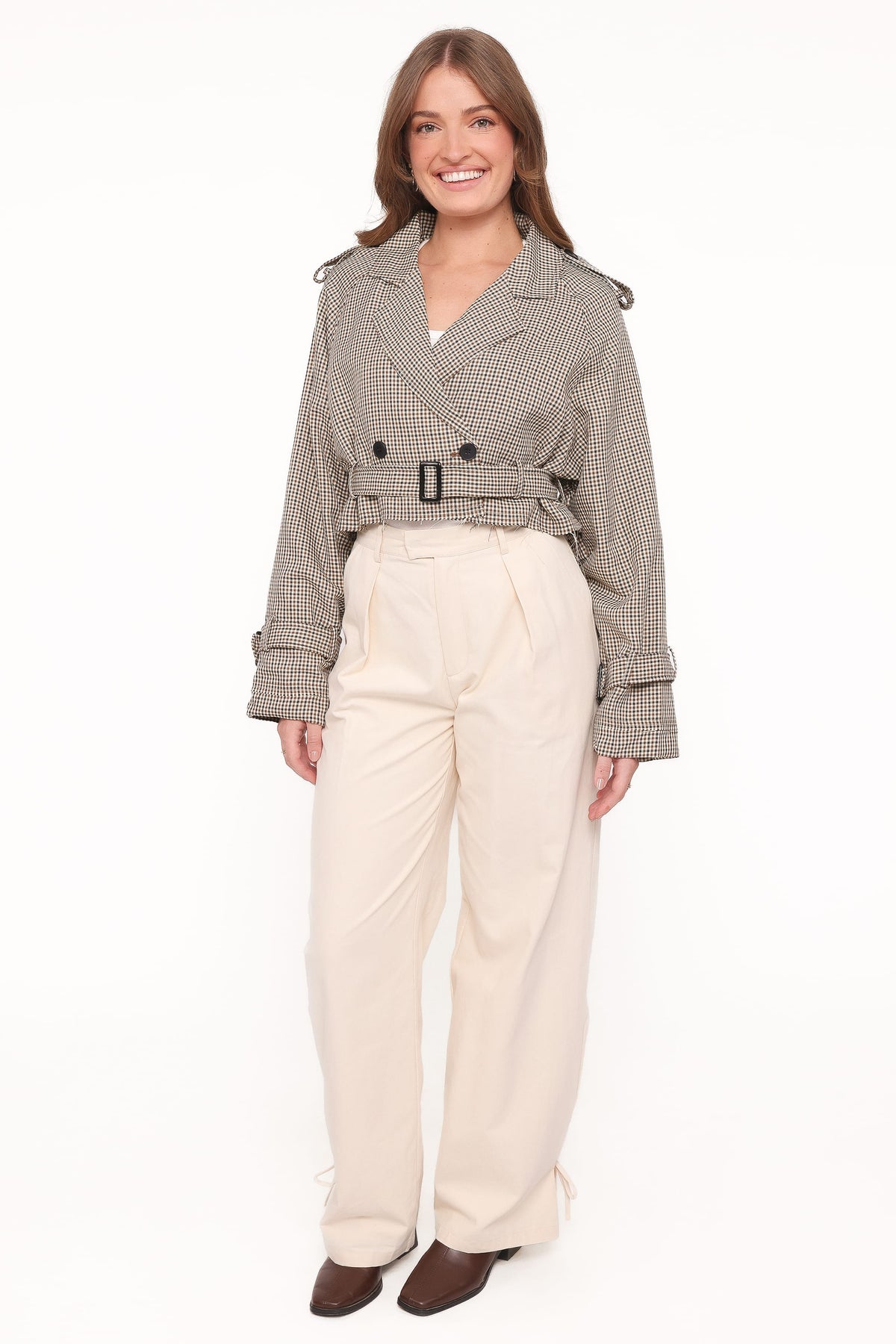 Petal and Pup USA OUTERWEAR Izzi Crop Trench Jacket - Black/Brown Plaid
