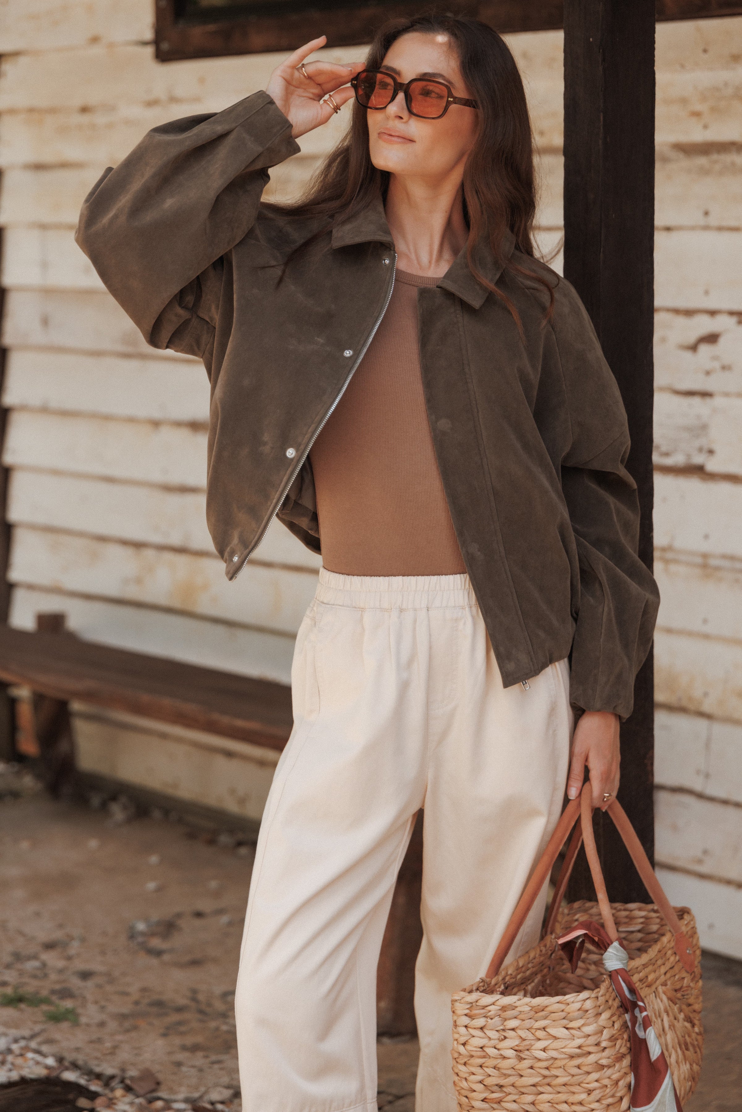 Petal and Pup USA OUTERWEAR Jensen Faux Suede Bomber Jacket - Olive