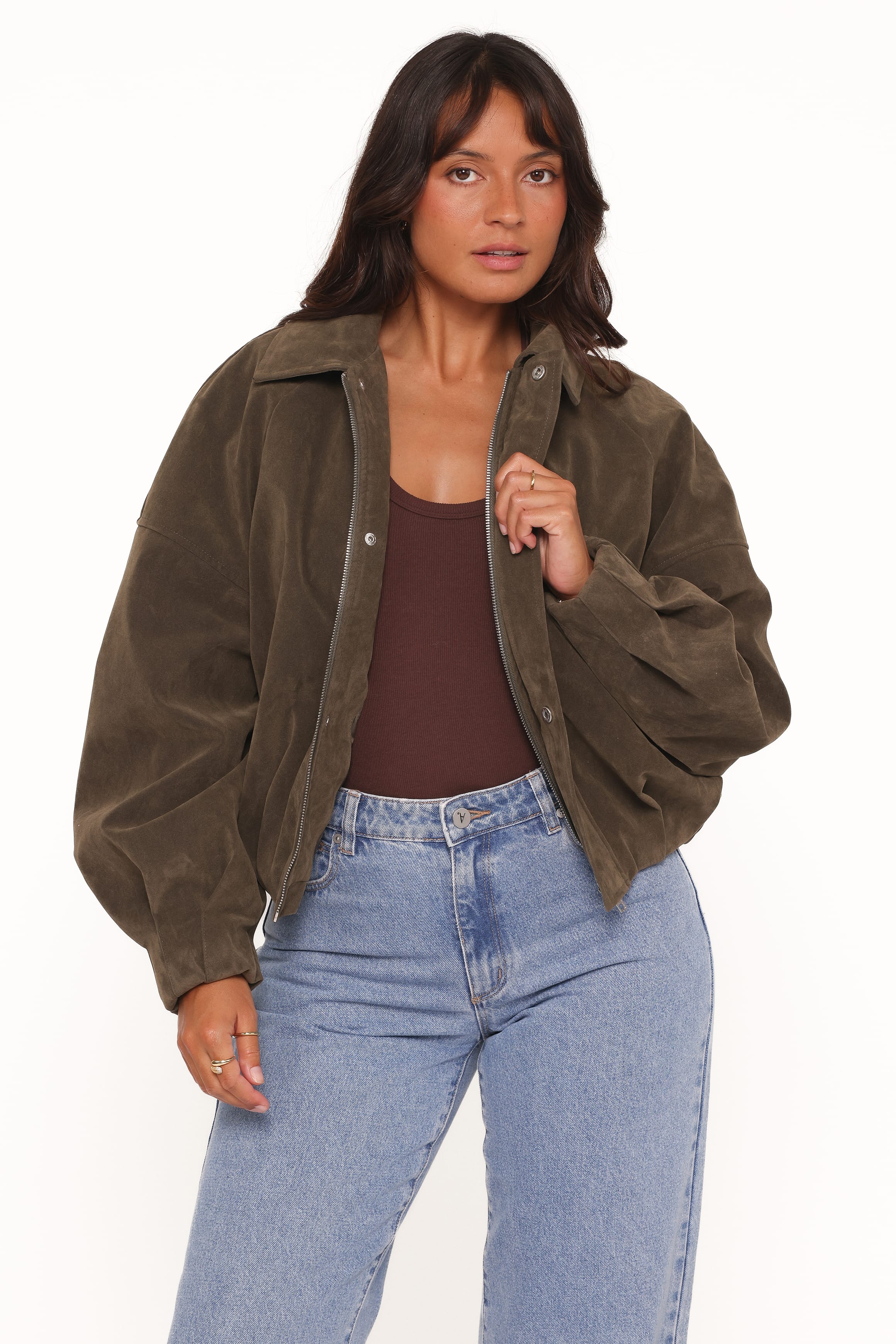Petal and Pup USA OUTERWEAR Jensen Faux Suede Bomber Jacket - Olive