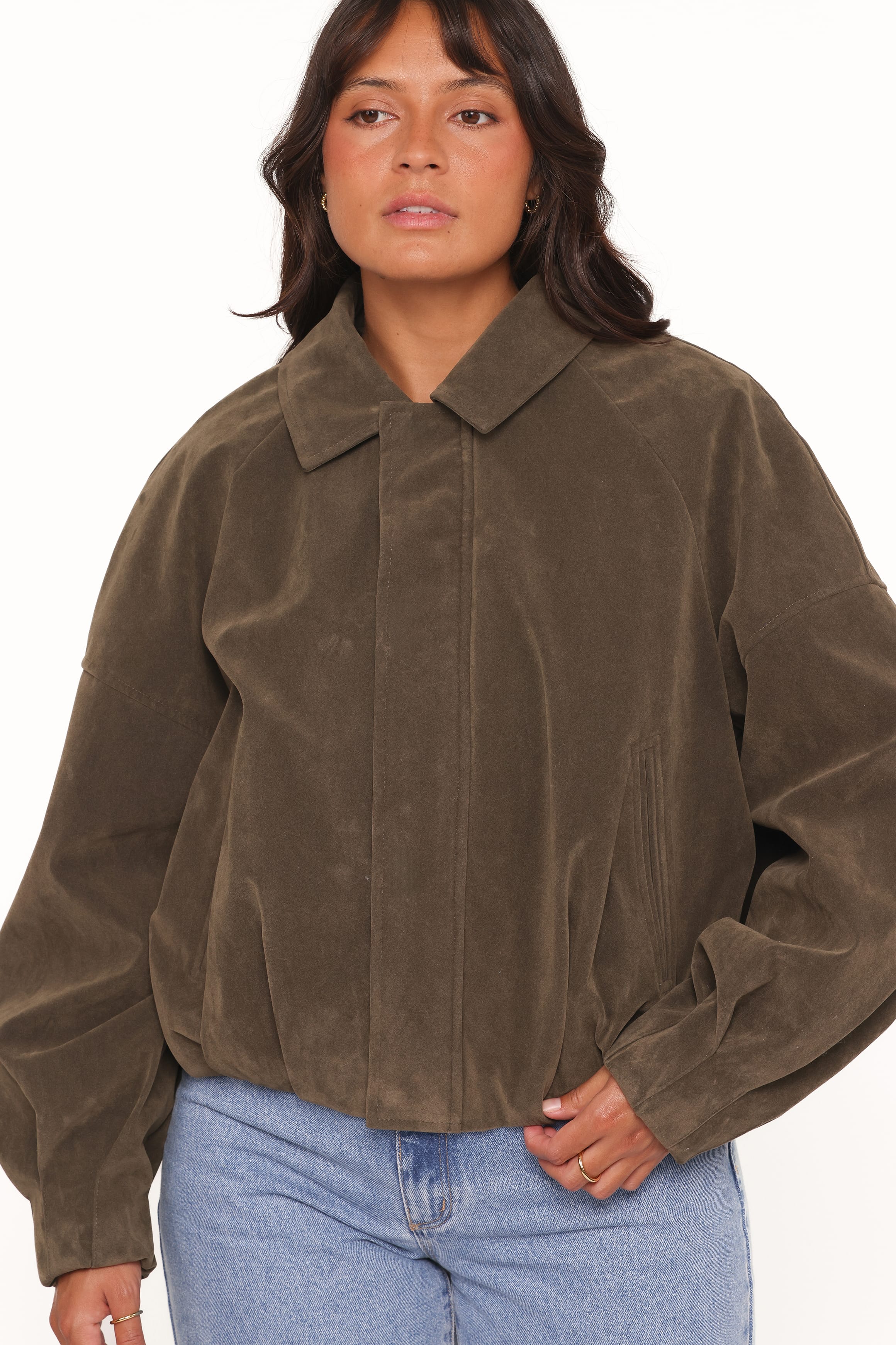 Petal and Pup USA OUTERWEAR Jensen Faux Suede Bomber Jacket - Olive