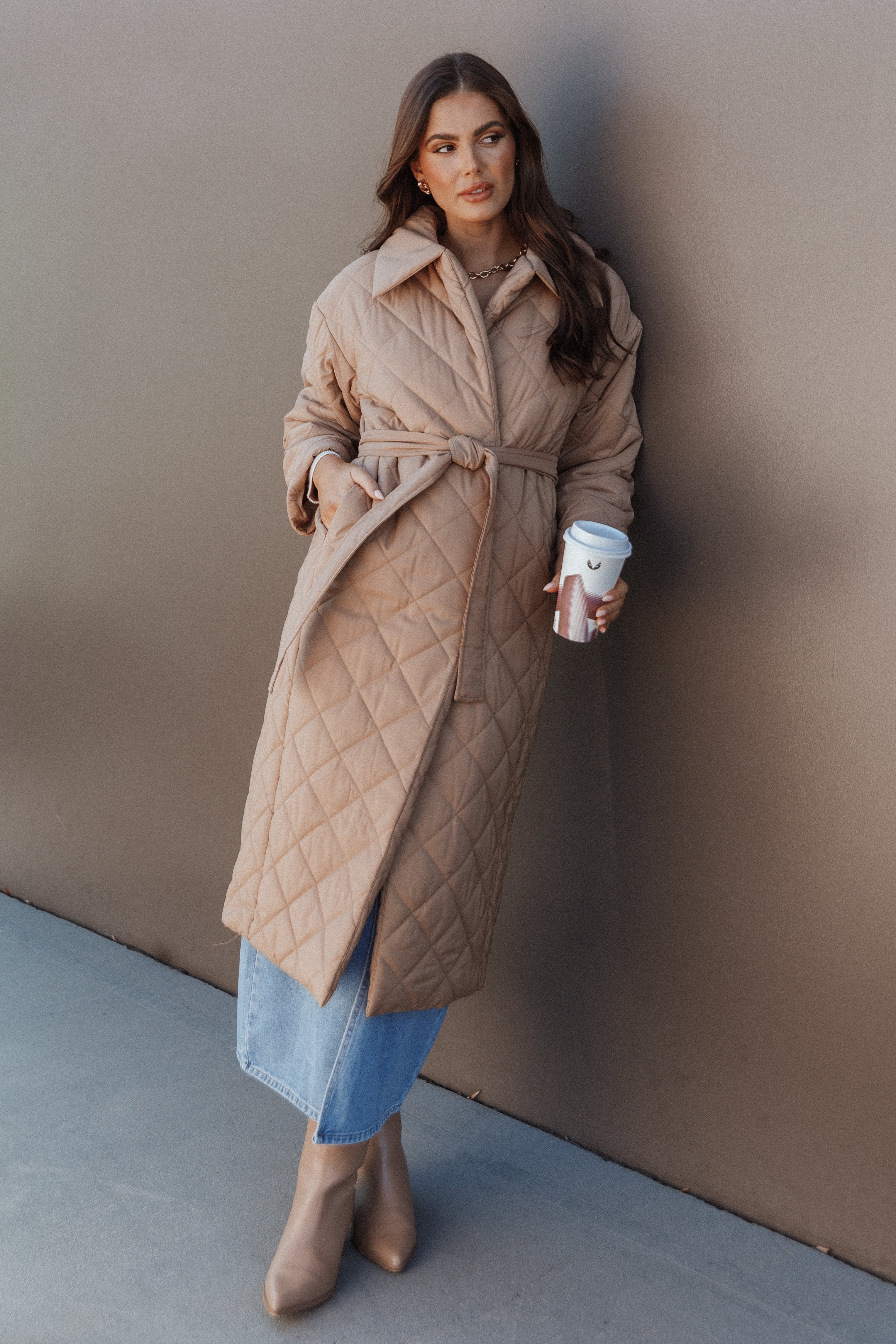 Kallie Quilted Tie Front Coat Camel