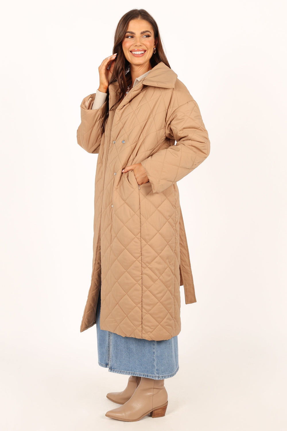 Petal and Pup USA OUTERWEAR Kallie Quilted Tie Front Coat - Camel