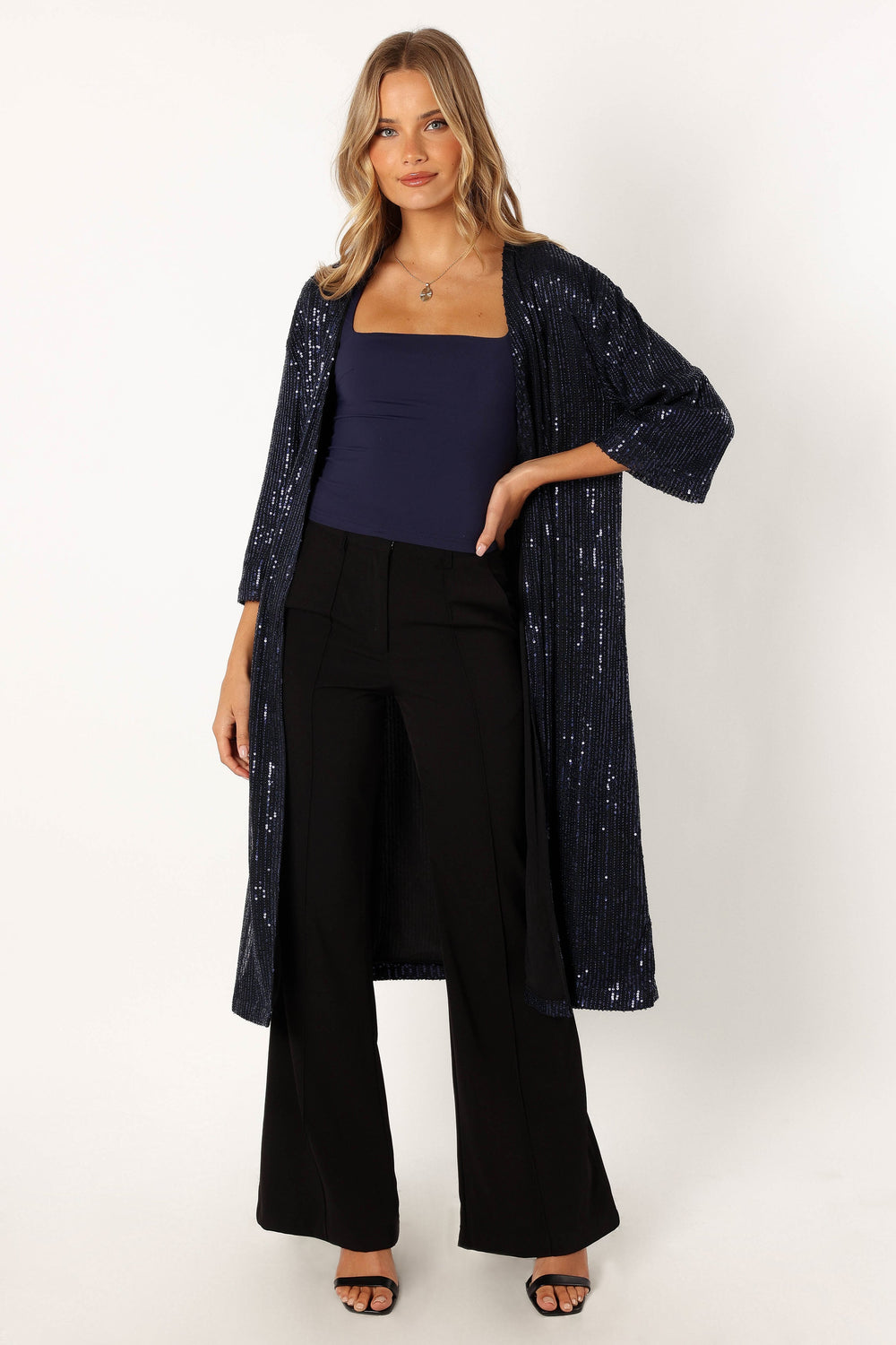 Petal and Pup USA OUTERWEAR Karsyn Open Front Sequin Duster - Navy