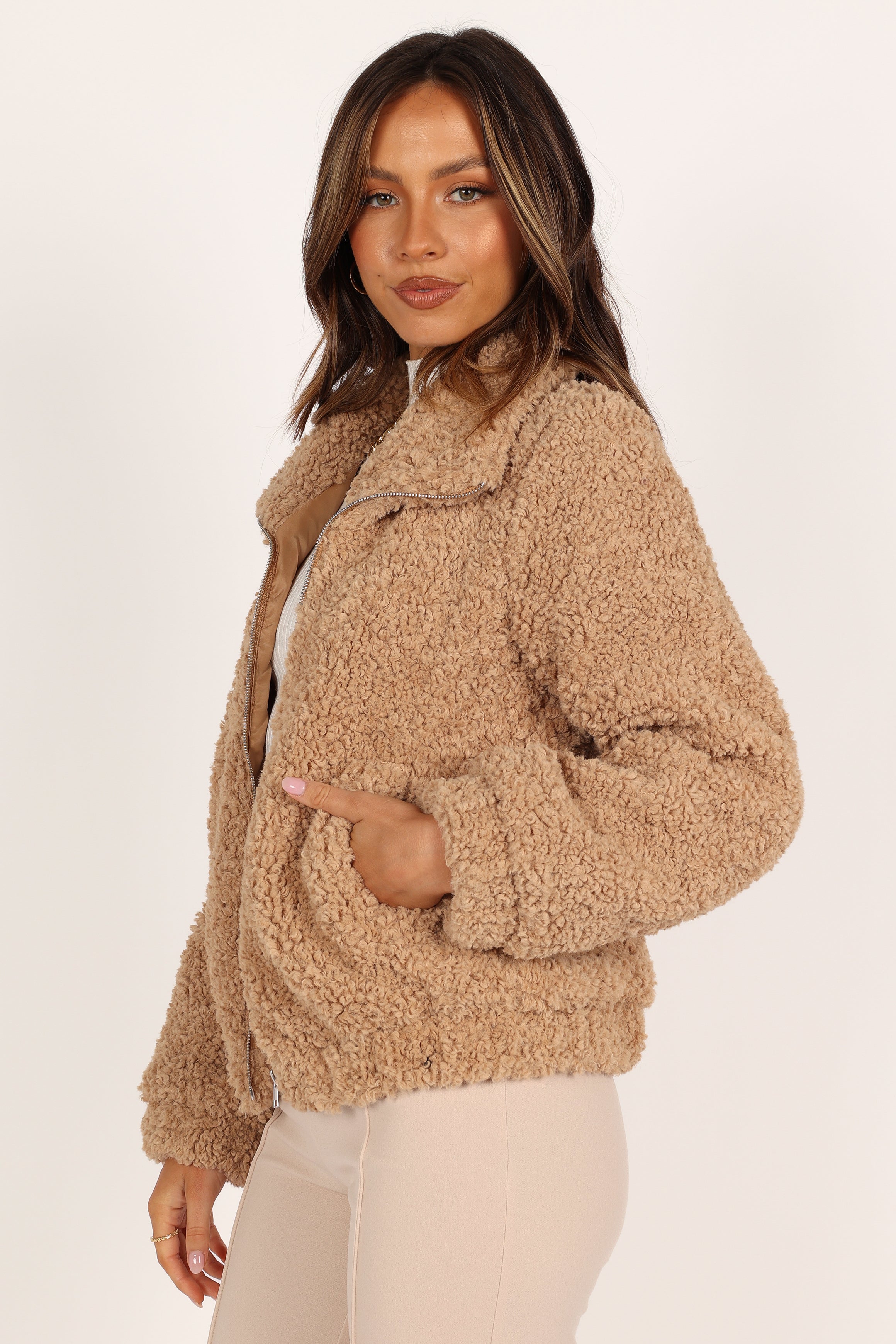 Lucia Zip Front Teddy Jacket Camel Petal Pup USA