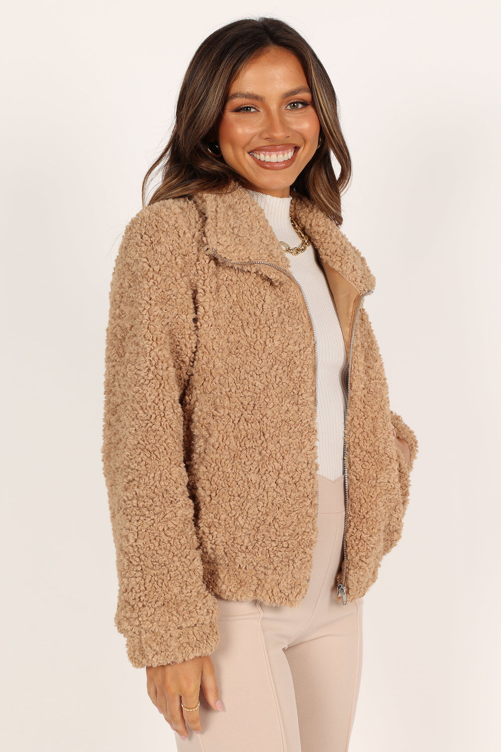 Petal and Pup USA OUTERWEAR Lucia Zip Front Teddy Jacket - Camel