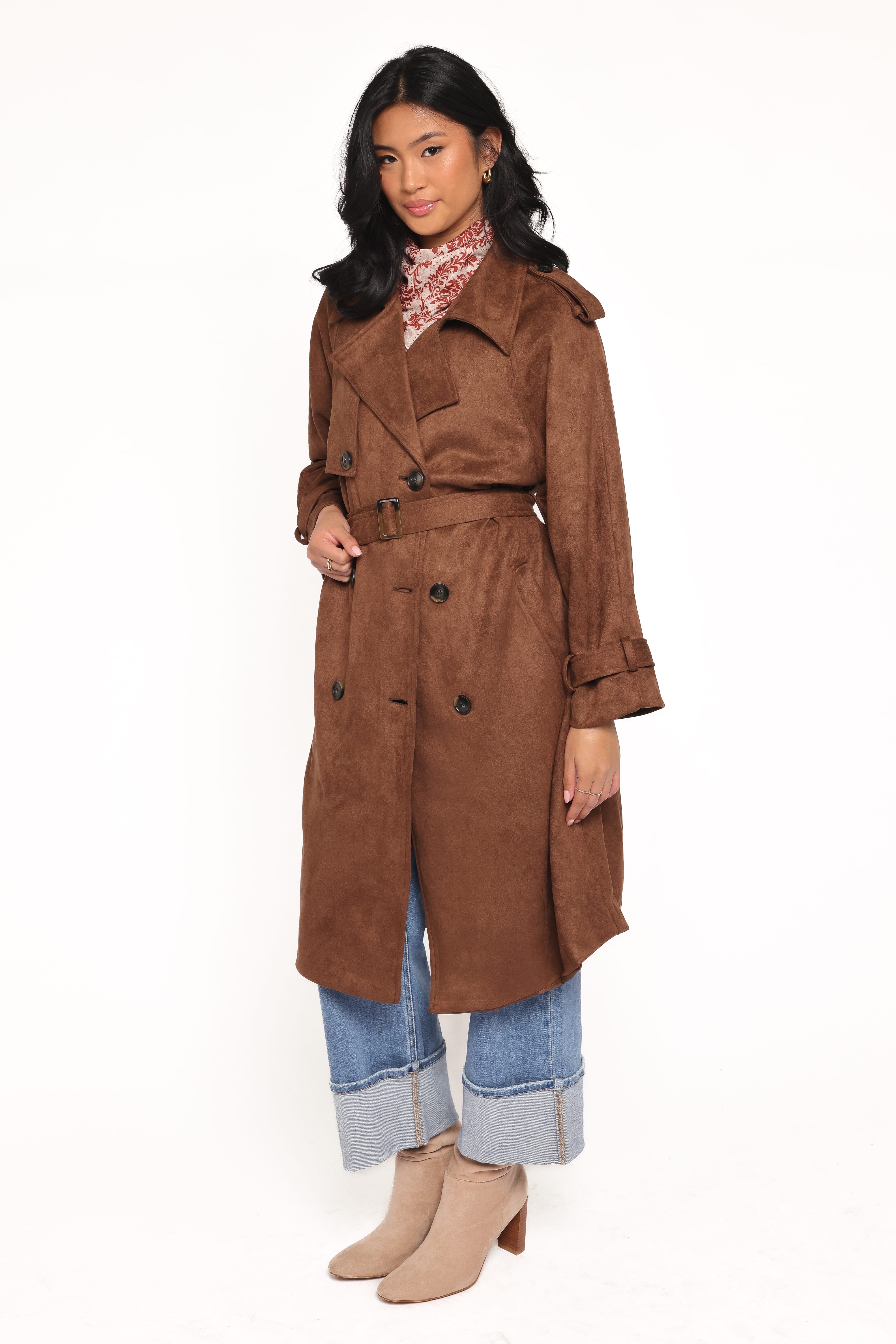 Micha Faux Suede Trench Coat - Brown | Petal & Pup USA