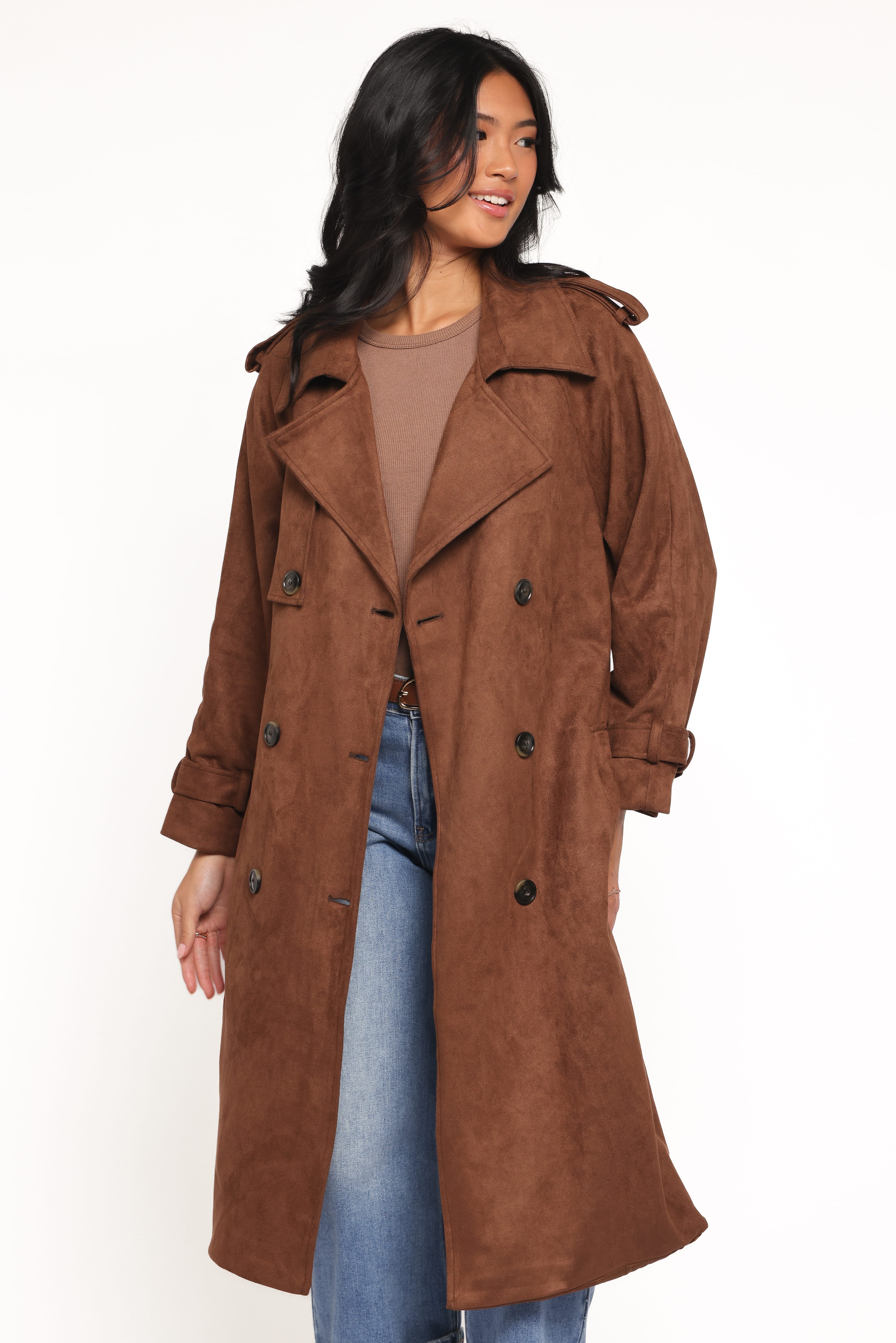 Micha Faux Suede Trench Coat - Brown | Petal & Pup USA