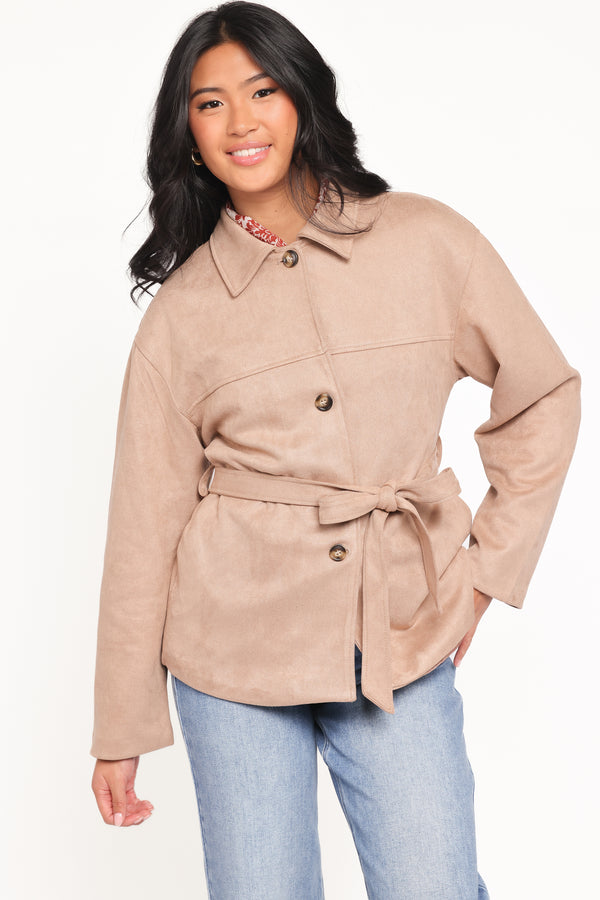 Petal and Pup USA OUTERWEAR Nelly Faux Suede Cropped Trench Coat - Mushroom
