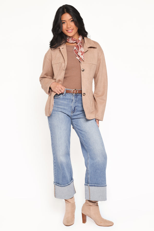 Petal and Pup USA OUTERWEAR Nelly Faux Suede Cropped Trench Coat - Mushroom