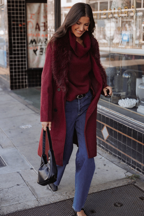 Petal and Pup USA OUTERWEAR Nina Fur Collar Tie Waist Coat - Burgundy