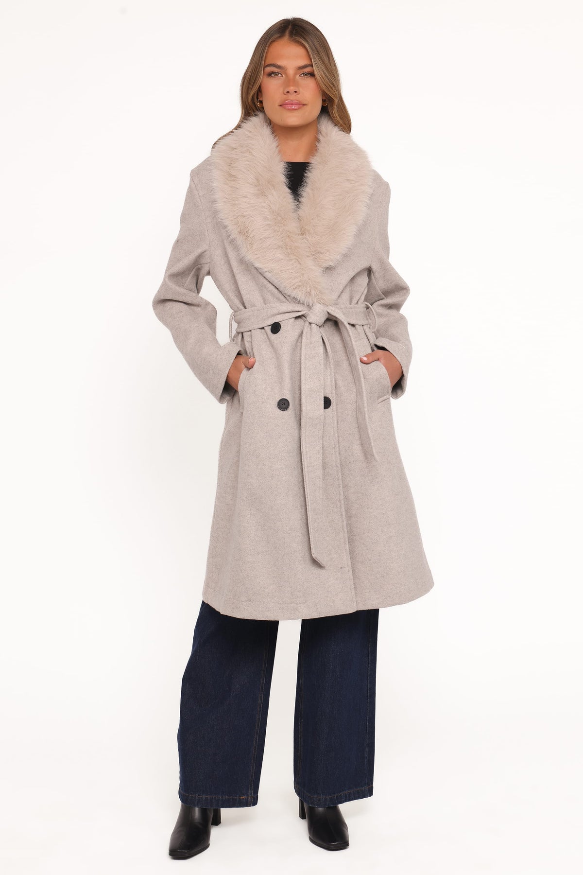 Nina Fur Collar Tie Waist Coat - Cream | Petal & Pup USA