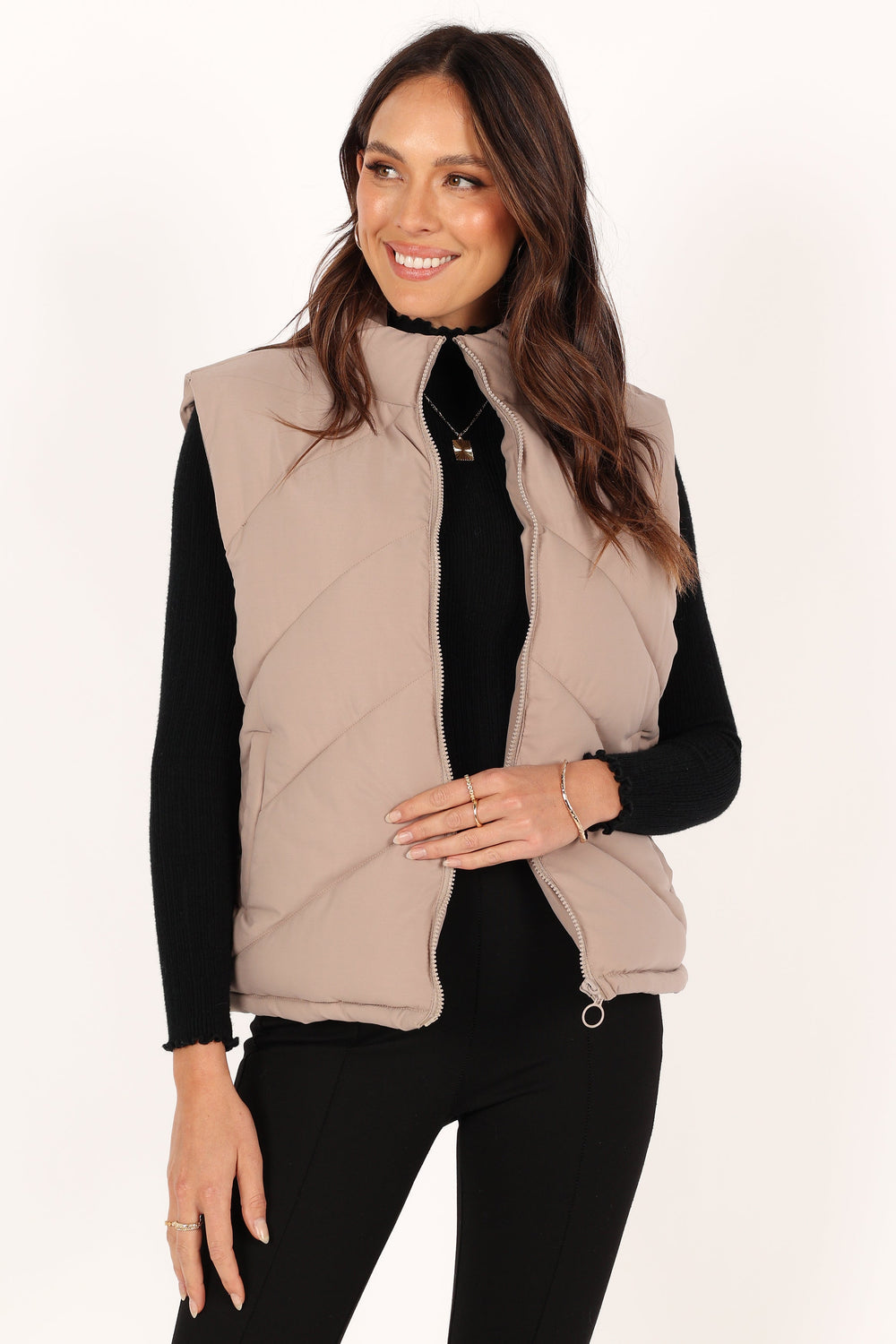 Petal and Pup USA OUTERWEAR Piper Chevron Quilted Puffer Vest - Beige