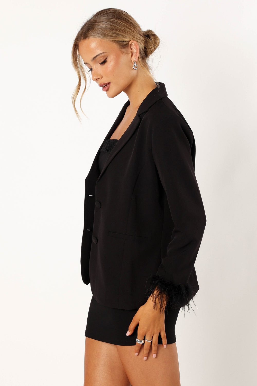 Petal and Pup USA OUTERWEAR Rosemary Faux Feather Sleeve Blazer - Black