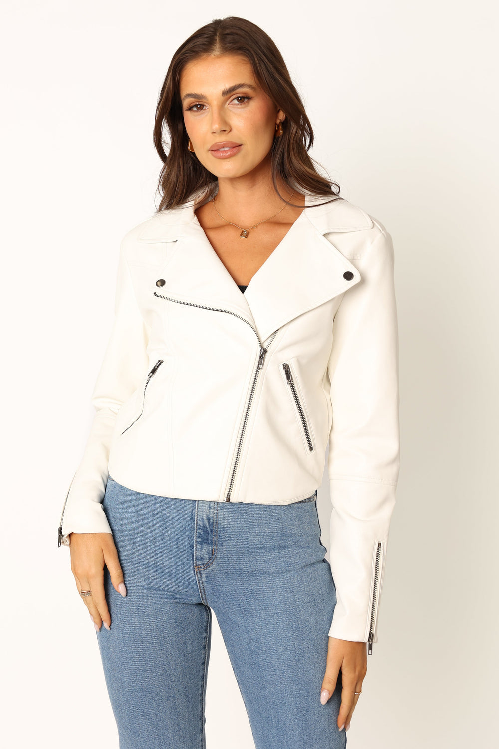 Petal and Pup USA OUTERWEAR Salem Faux Leather Moto Jacket - White