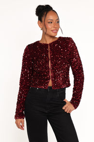 Petal and Pup USA OUTERWEAR Scarlette Cropped Jacket - Burgundy Sequin