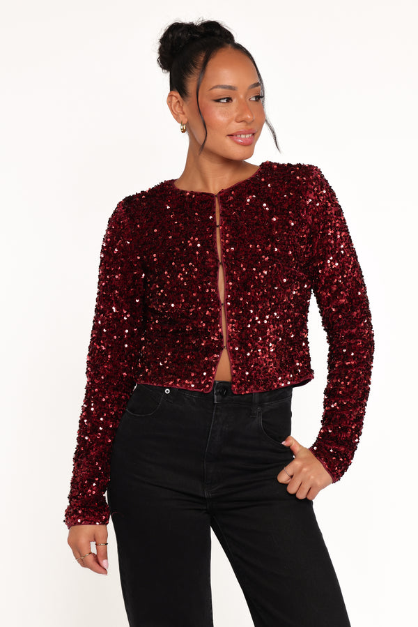 Petal and Pup USA OUTERWEAR Scarlette Cropped Jacket - Burgundy Sequin
