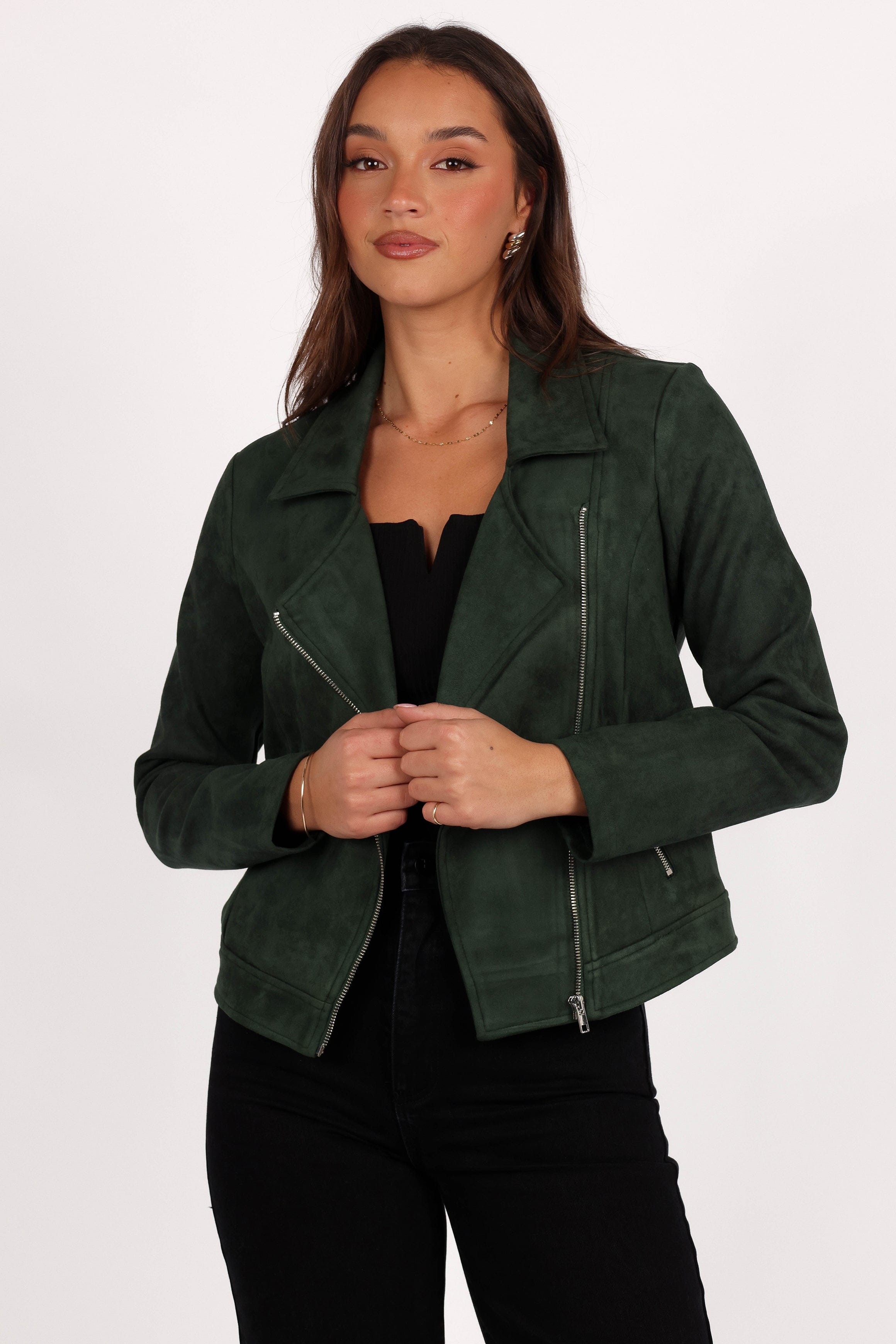 Petal and Pup USA OUTERWEAR Spencer Faux Suede Moto Jacket - Olive