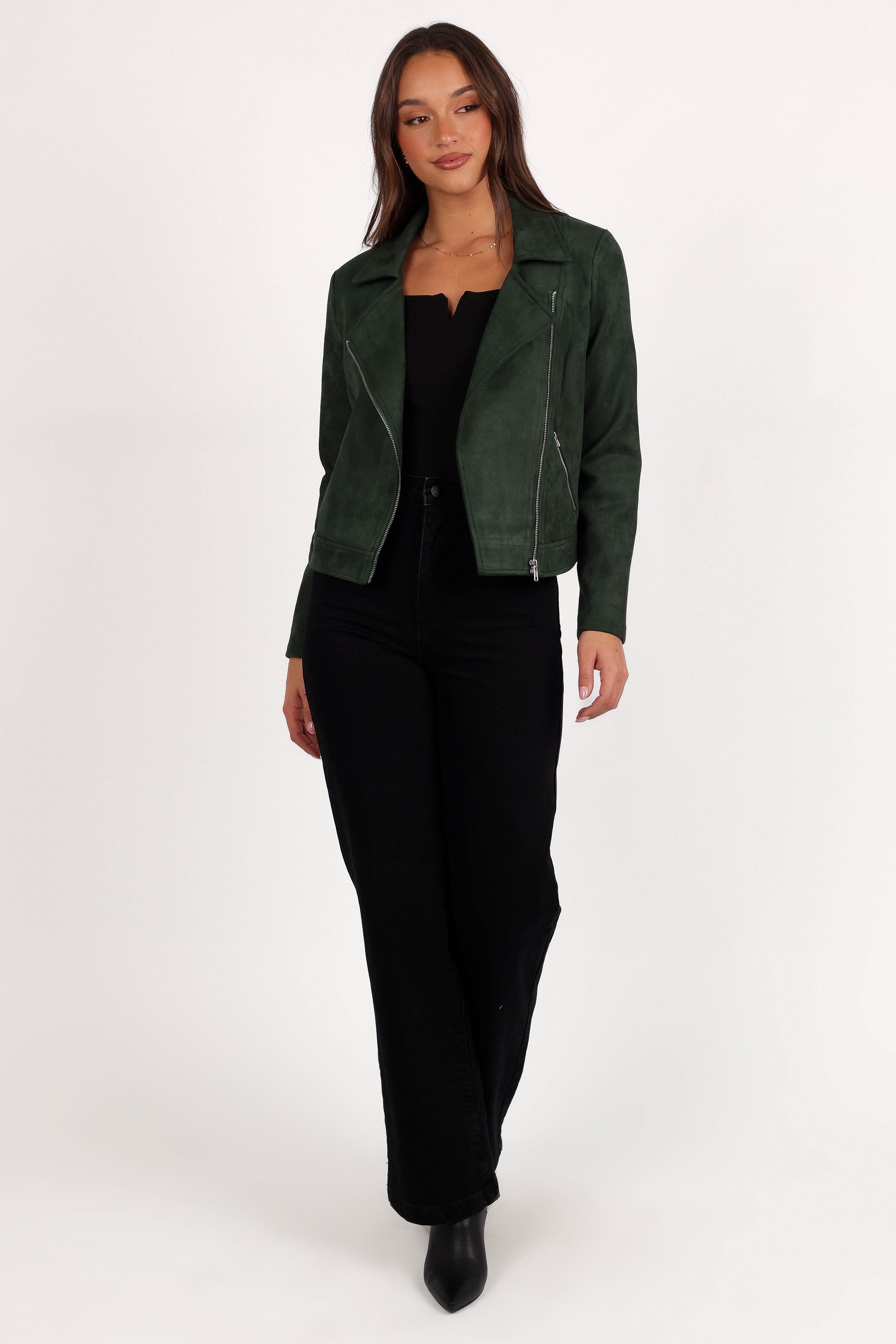 Petal and Pup USA OUTERWEAR Spencer Faux Suede Moto Jacket - Olive