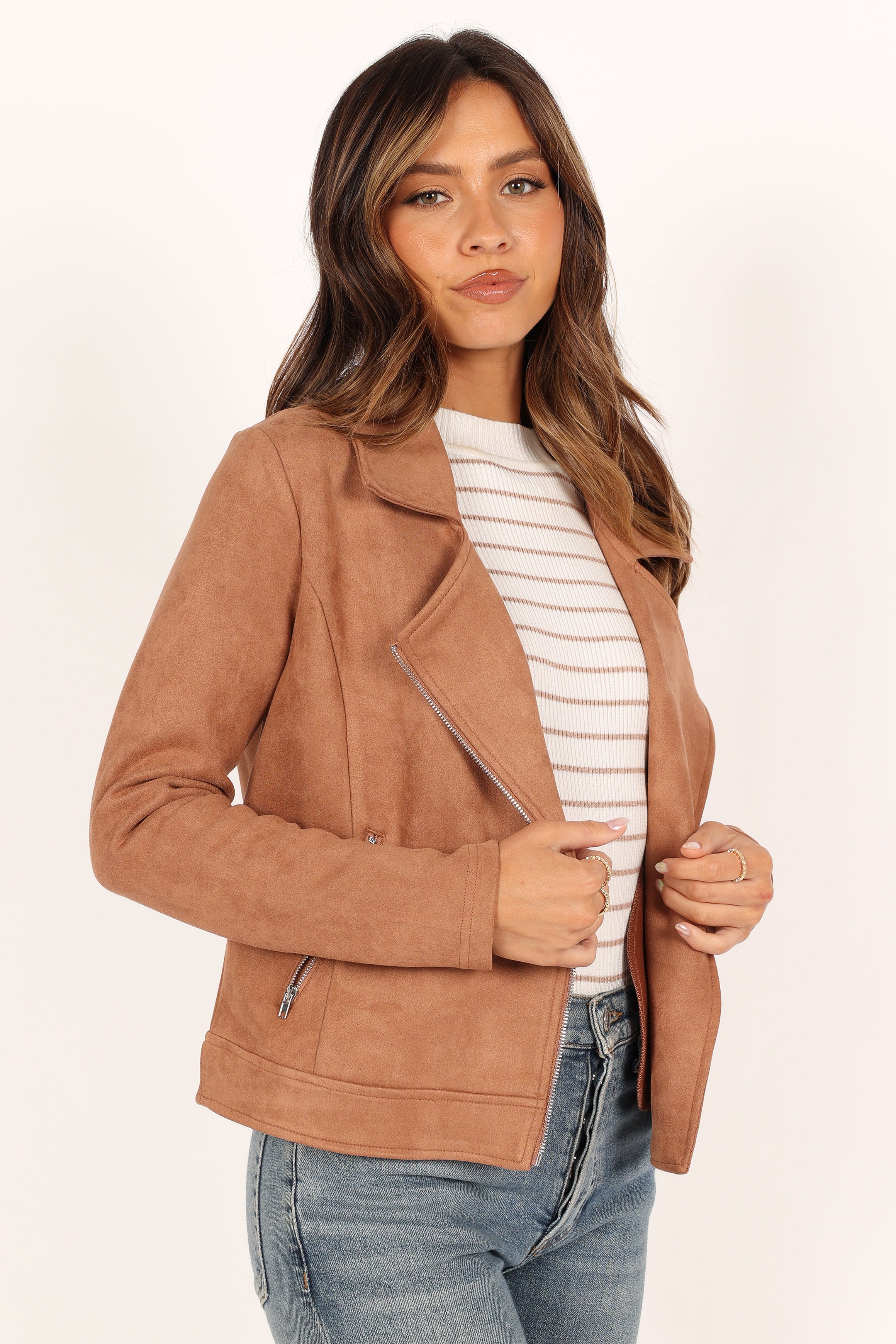 Tan faux suede biker jacket deals