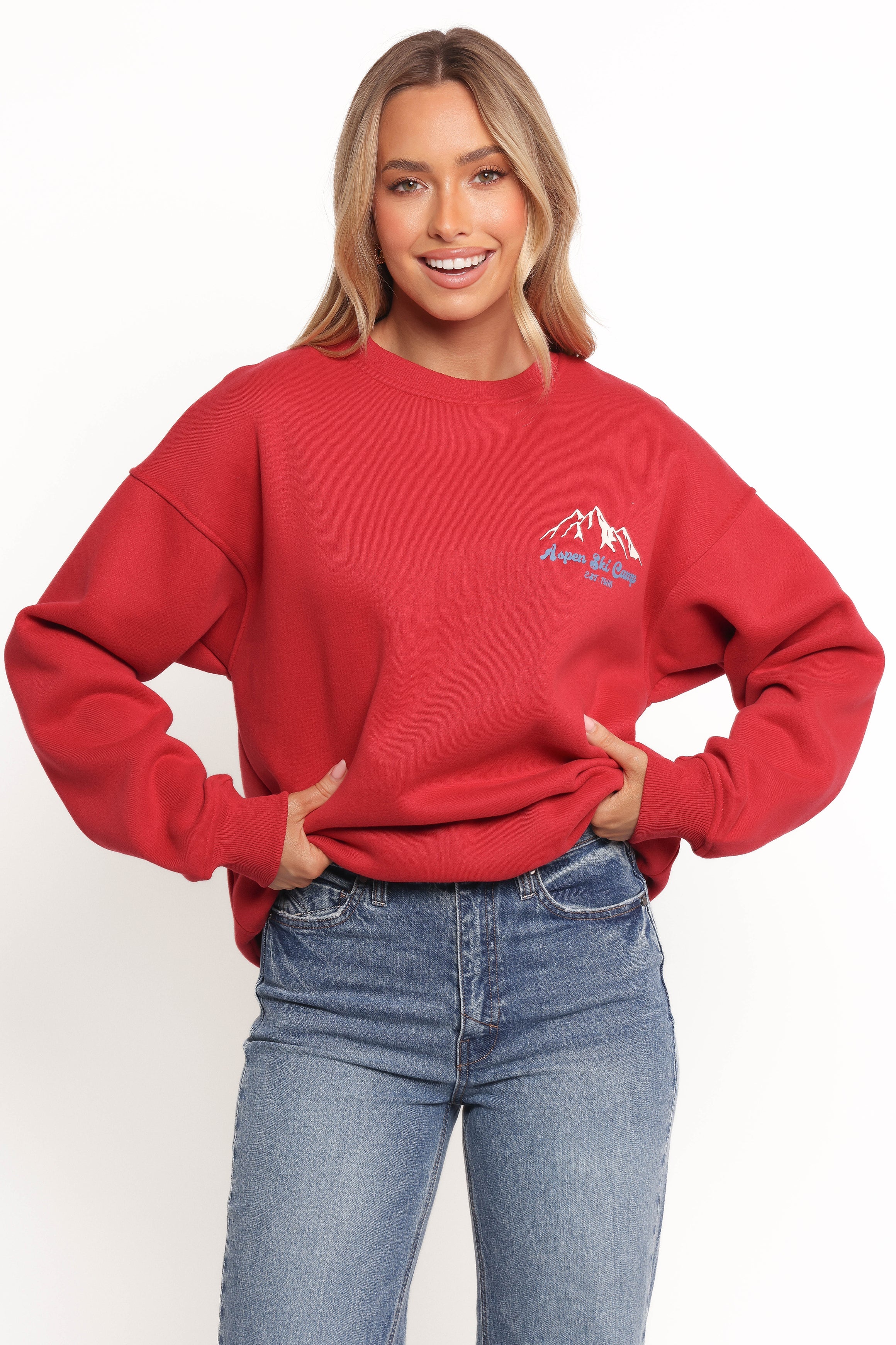 Petal and Pup USA OUTERWEAR Torie Apres Ski Camp Sweatshirt - Cherry