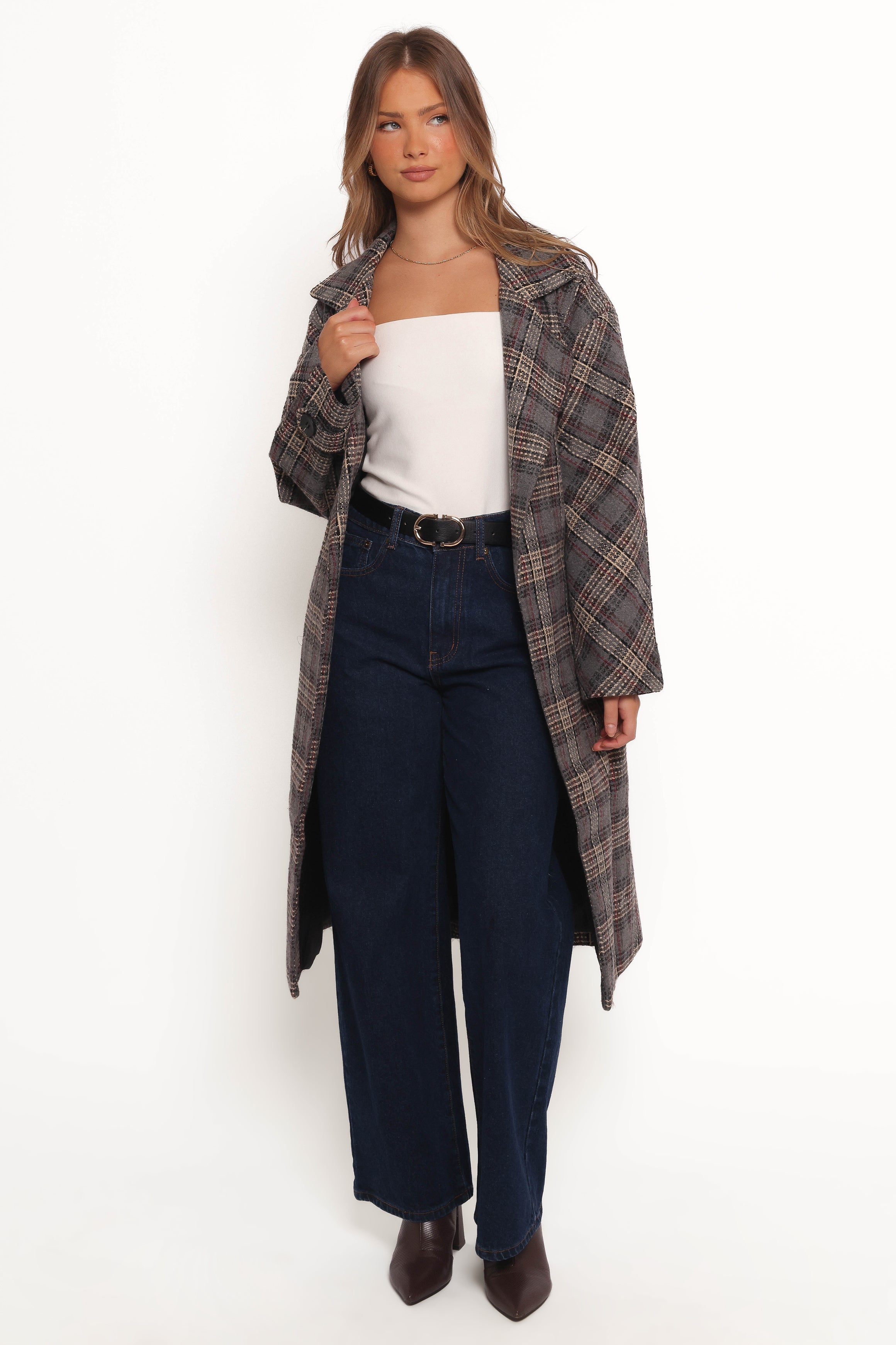 Petal and Pup USA OUTERWEAR Torie Waist Tie Long Coat - Grey Check