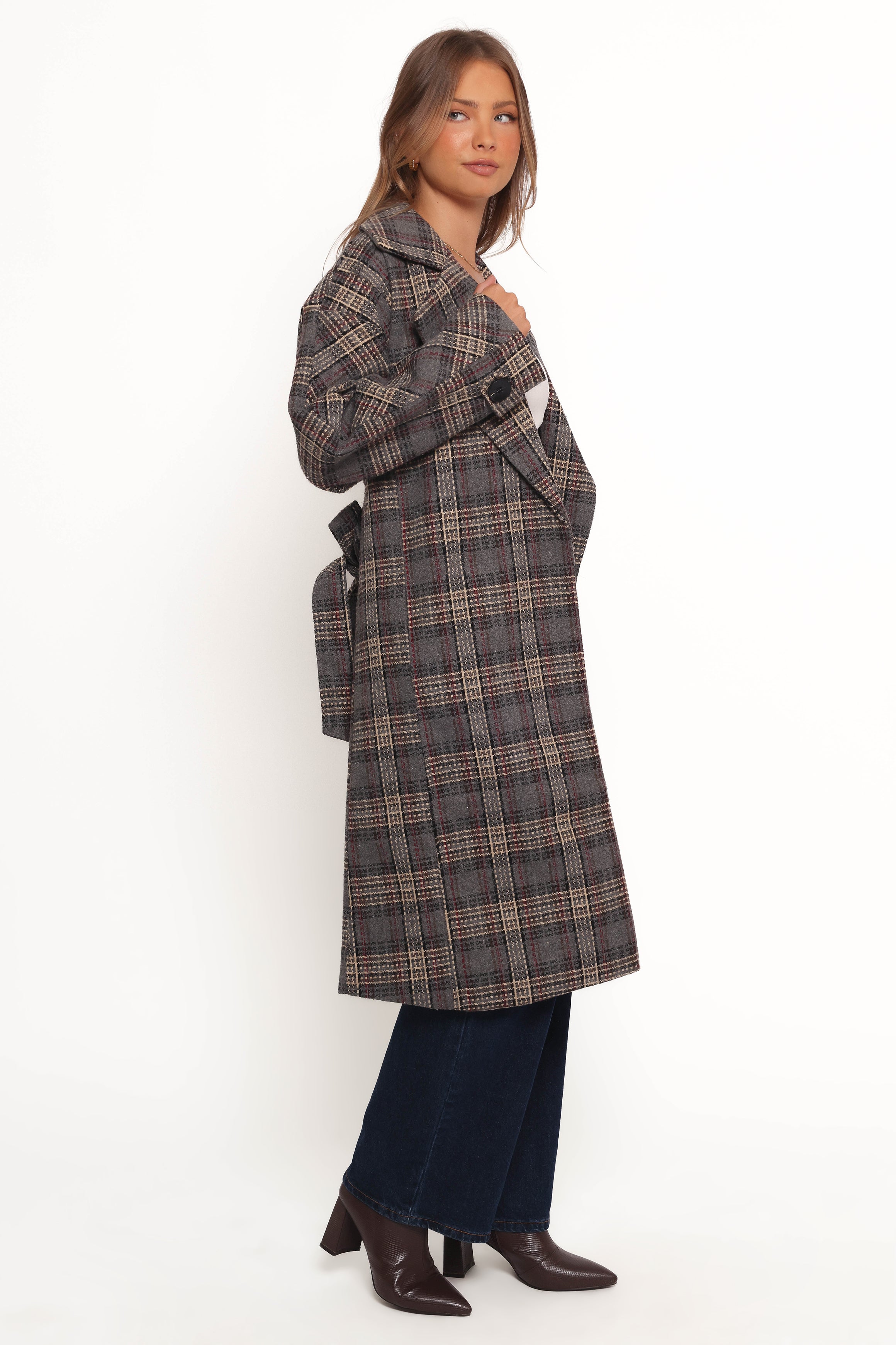 Petal and Pup USA OUTERWEAR Torie Waist Tie Long Coat - Grey Check