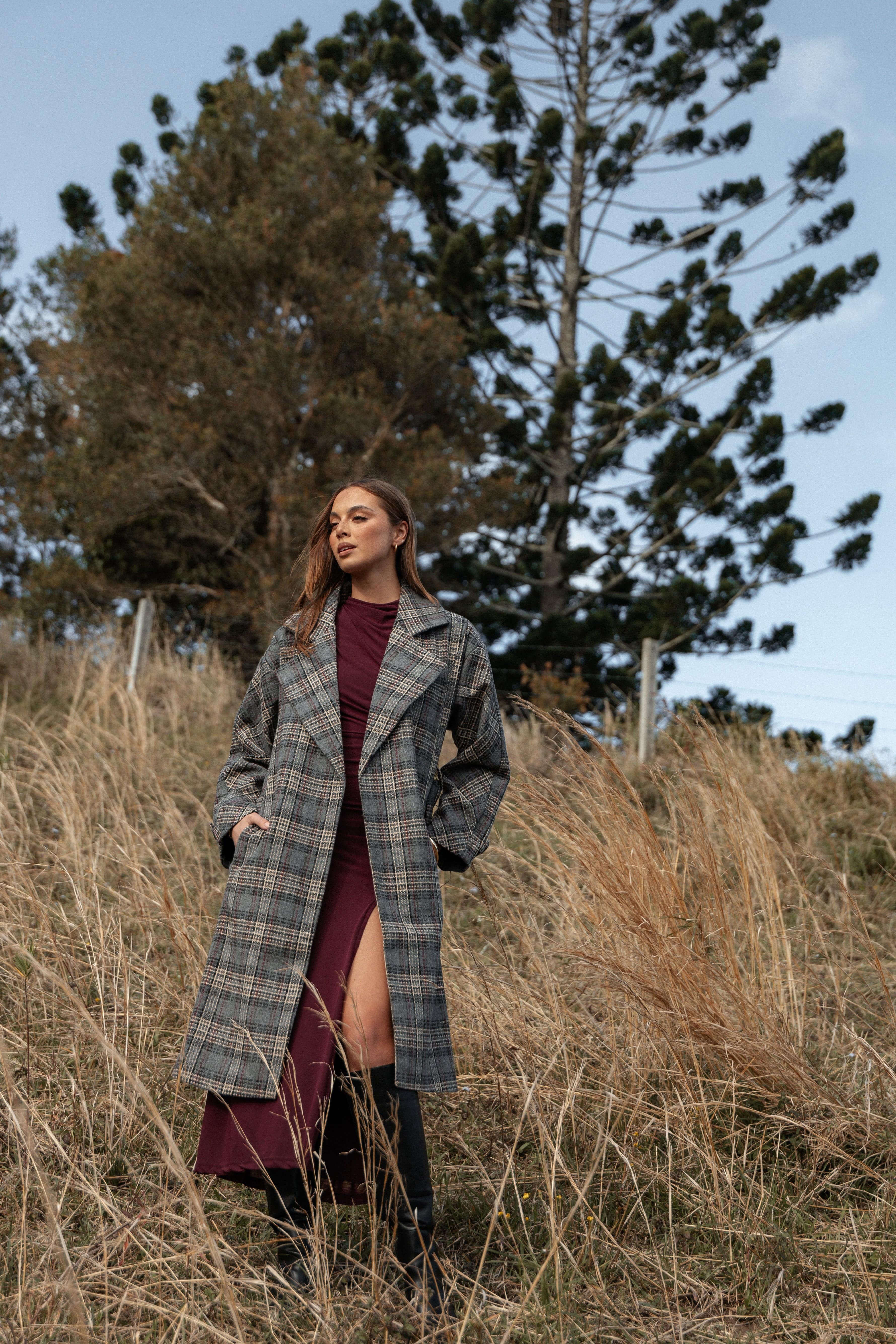 Torie Waist Tie Long Coat - Grey Check | Petal & Pup USA