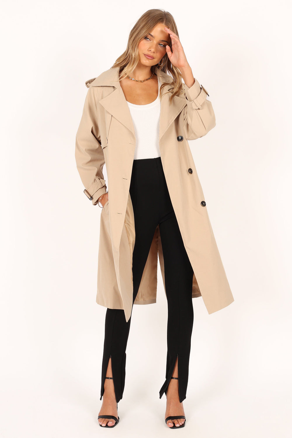 Padded trench coat with Oval T logo all over Woman, Beige
