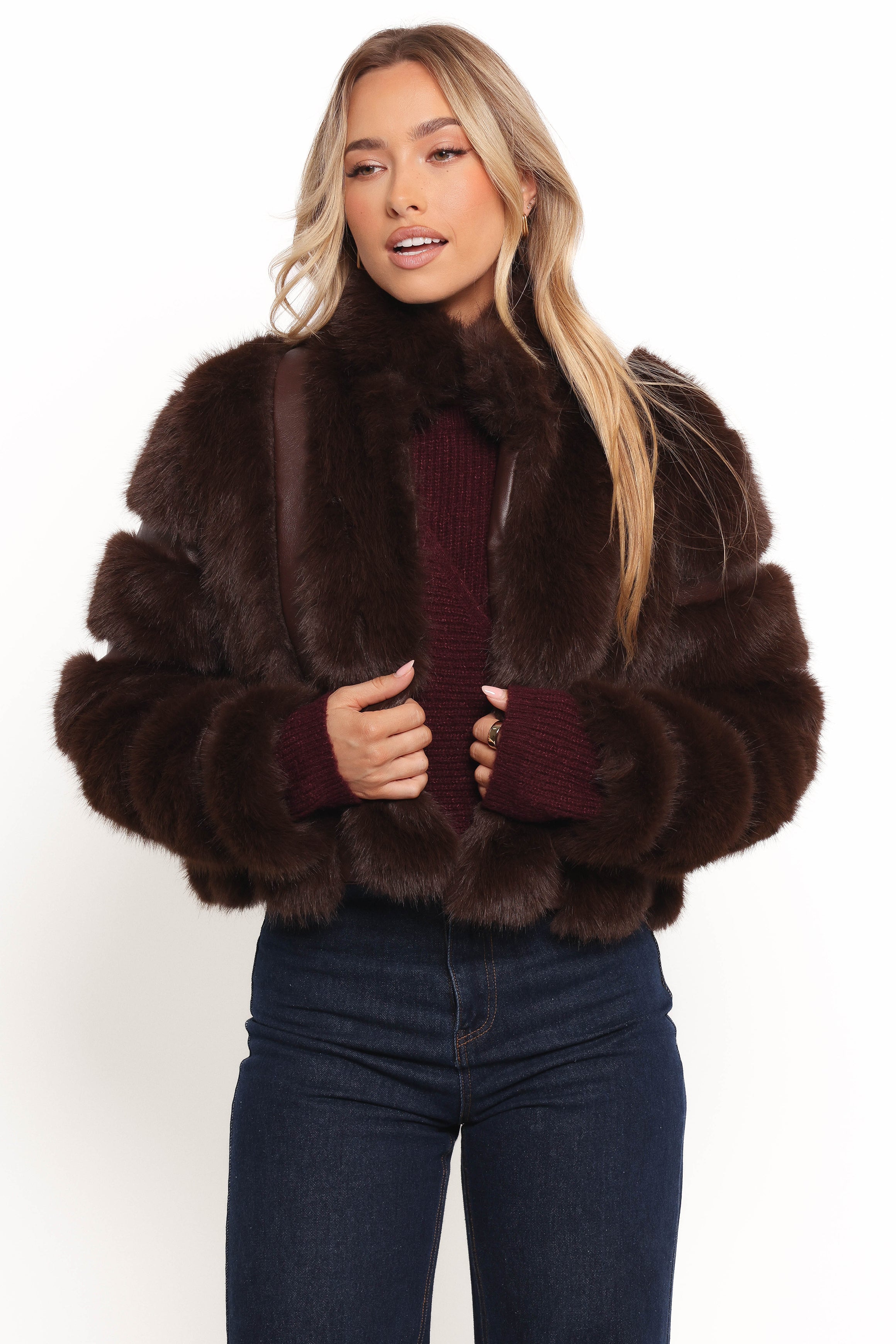 Petal and Pup USA OUTERWEAR Velma Channel Faux Fur Jacket - Chocolate