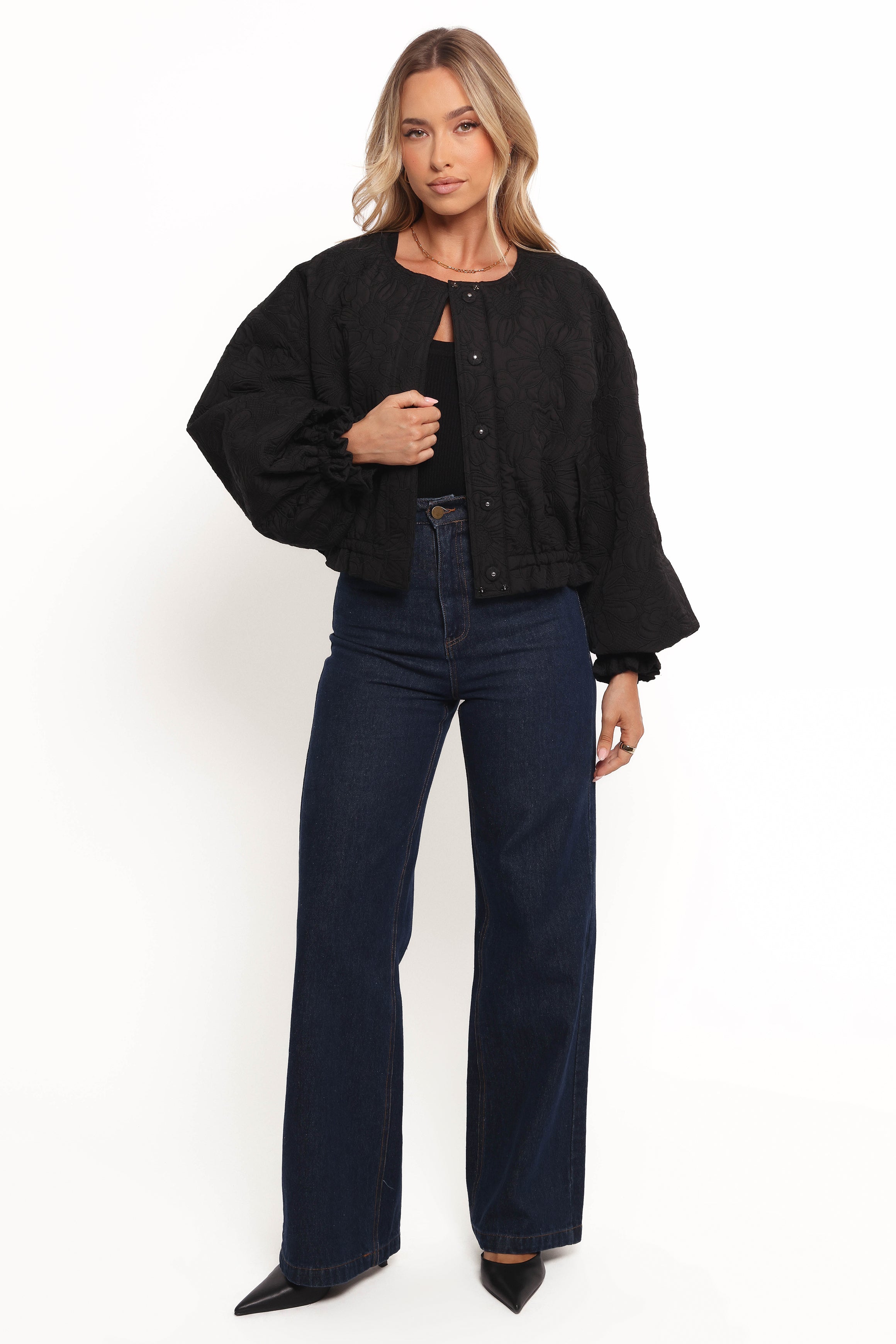 Petal and Pup USA OUTERWEAR Yuki Tonal Embroidered Flower Jacket - Black