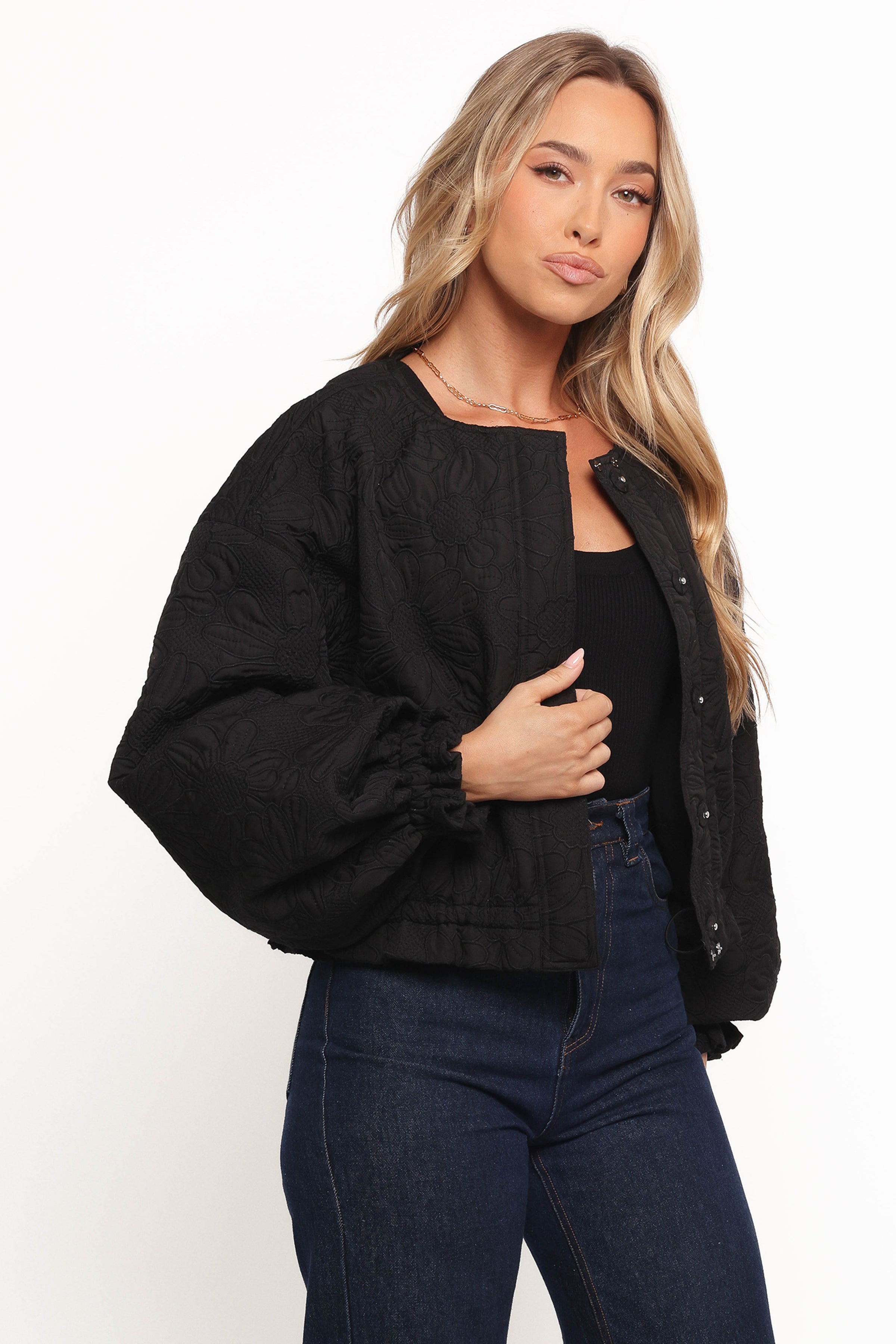 Petal and Pup USA OUTERWEAR Yuki Tonal Embroidered Flower Jacket - Black