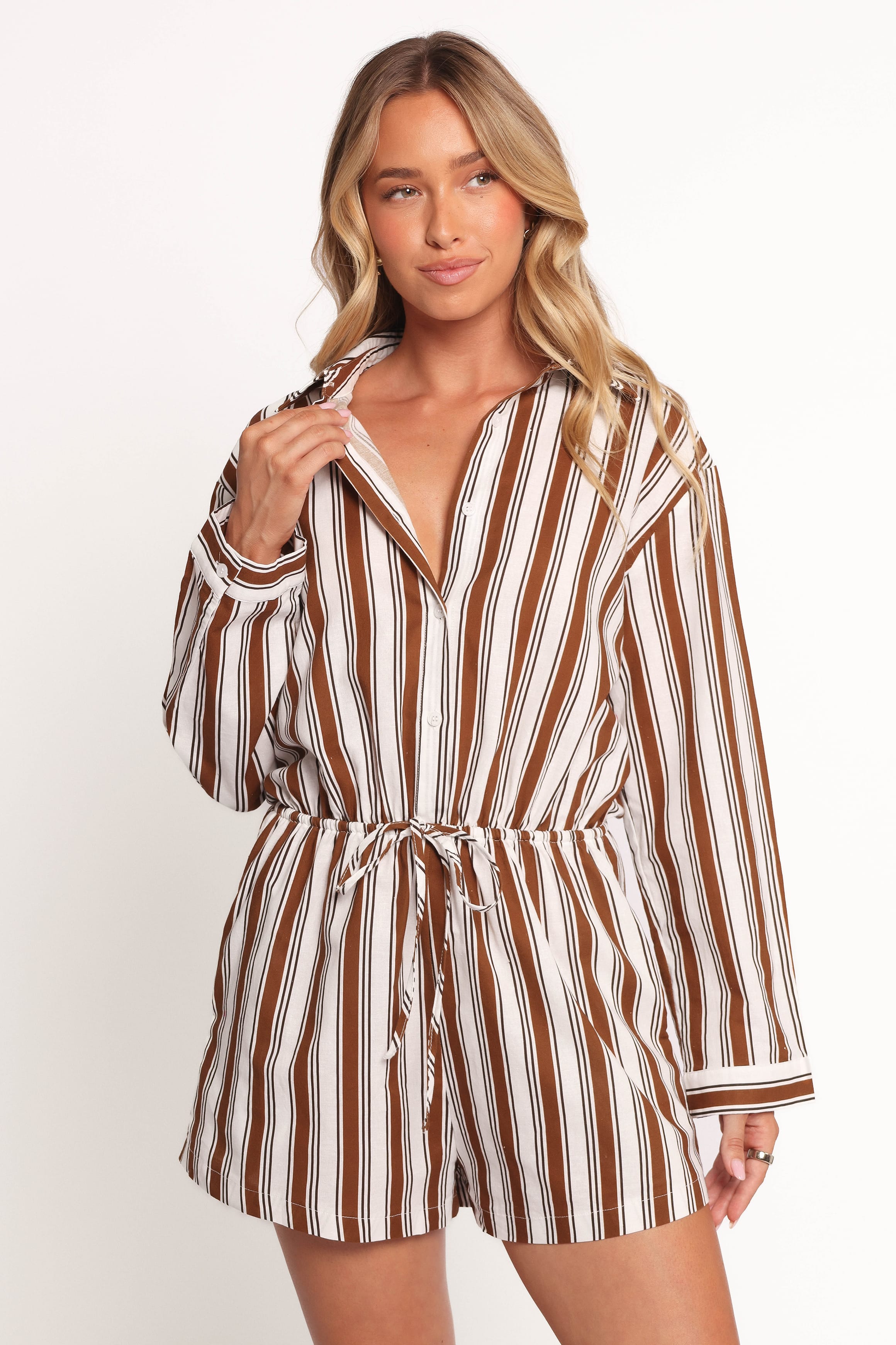 Beau Long Sleeve Romper - Chocolate Stripe | Petal & Pup USA