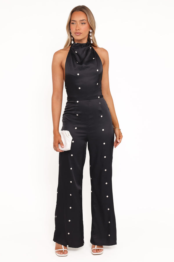 Petal and Pup USA PLAYSUITS Bentley Halterneck Jumpsuit - Black Polka Dot