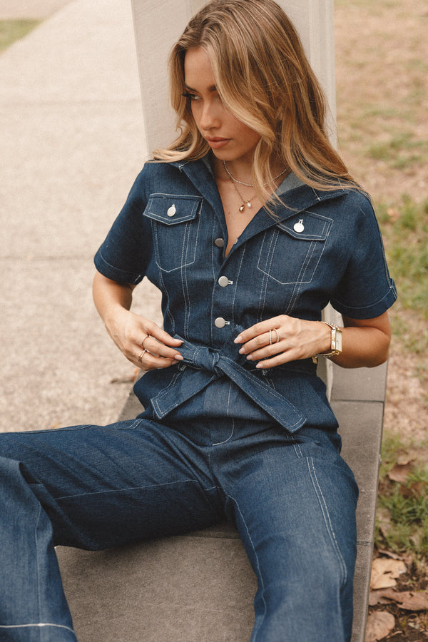 PLAYSUITS @Demi Contrast Stitch Jumpsuit - Dark Denim