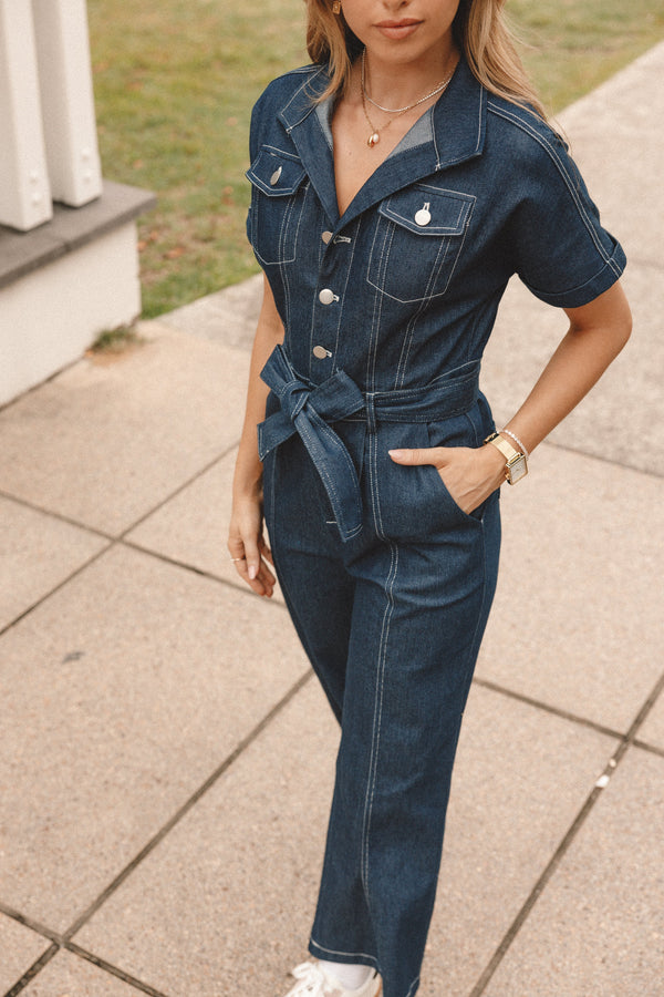 PLAYSUITS @Demi Contrast Stitch Jumpsuit - Dark Denim