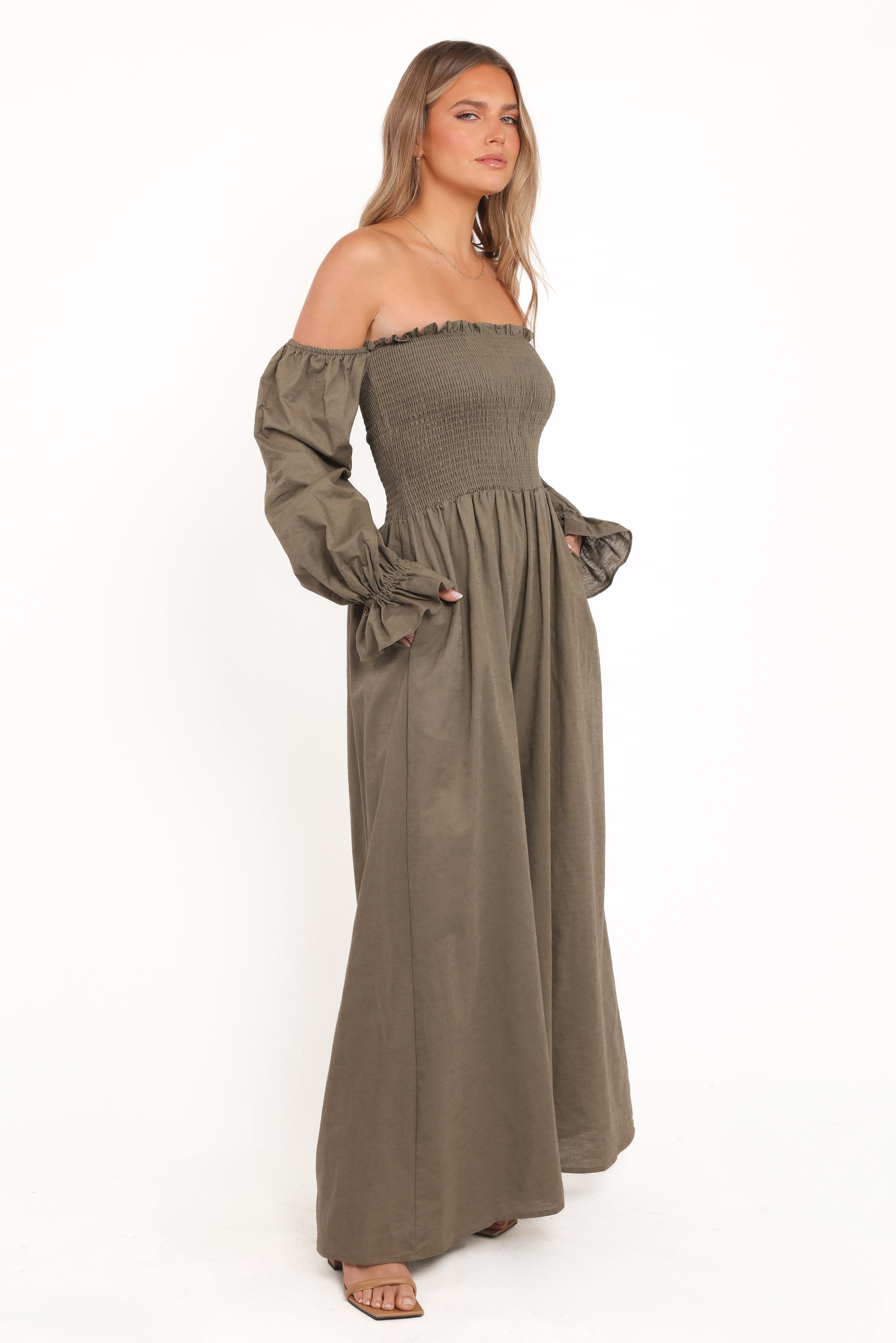 Petal and Pup USA PLAYSUITS Domenica Shirred Long Sleeve Jumpsuit - Olive