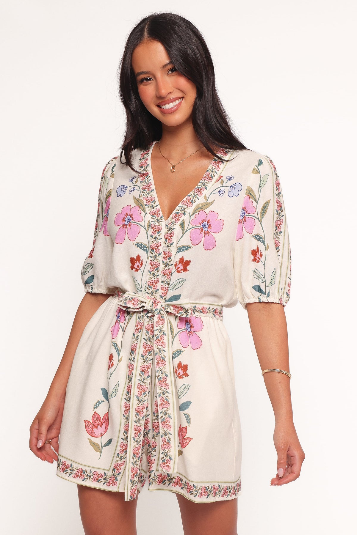 Ginger Tie Waist Romper - Pink Multi, M, Petal & Pup